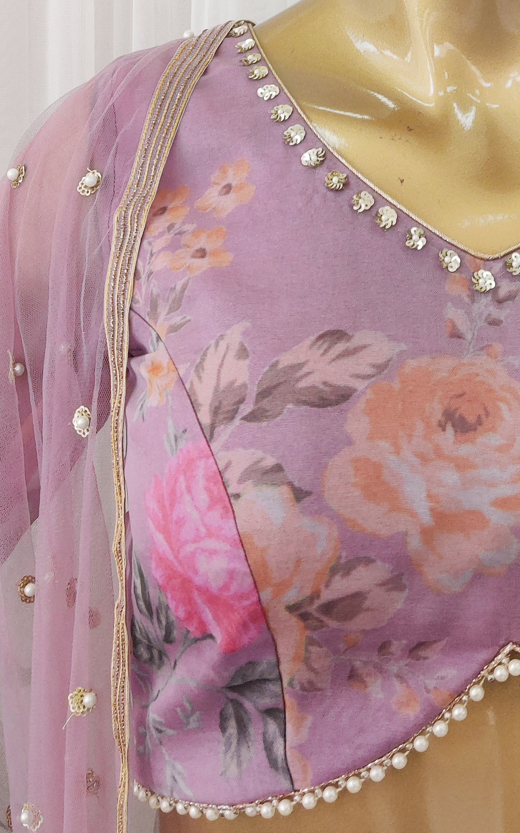 Lilac Floral Organza Lehenga