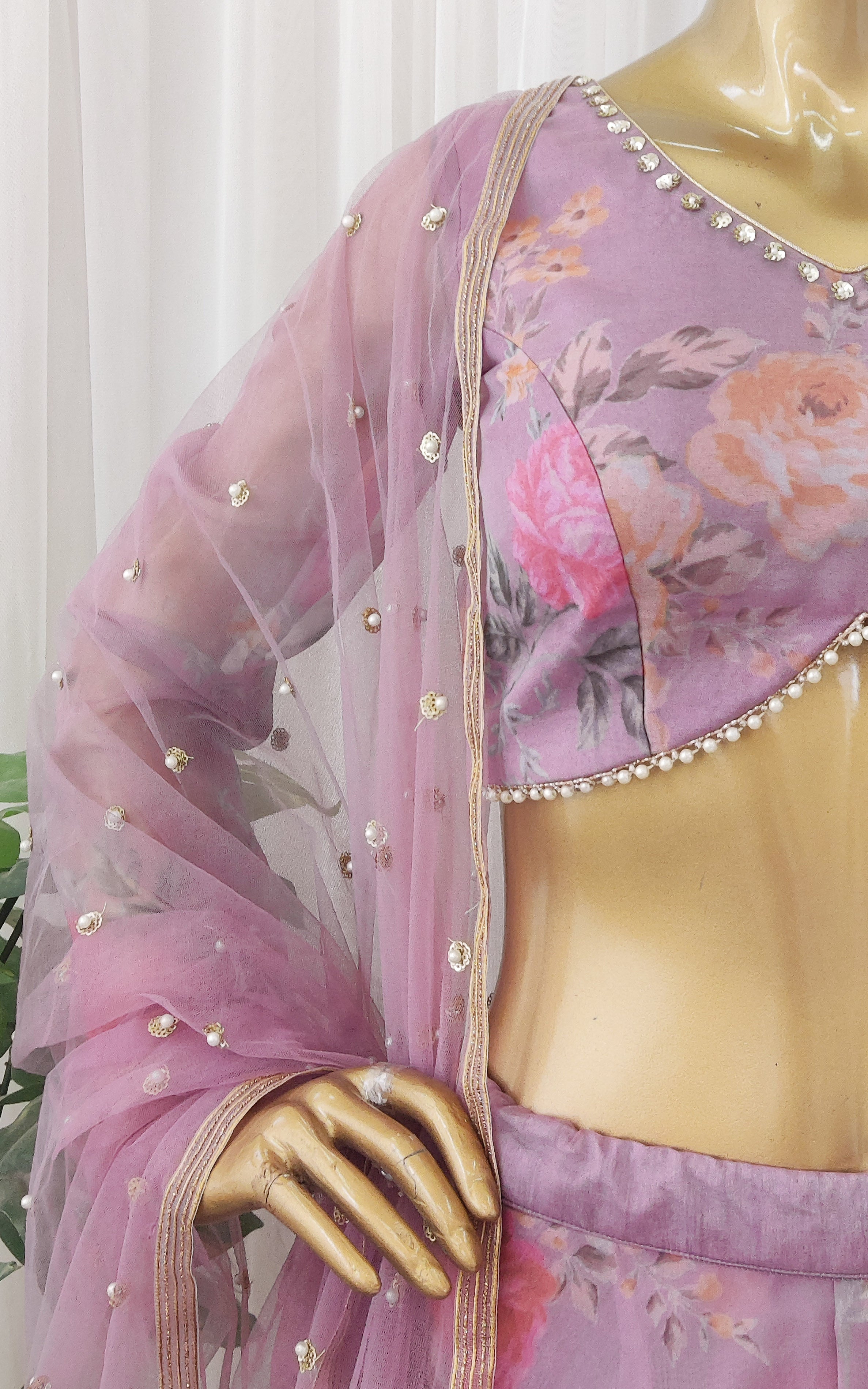 Lilac Floral Organza Lehenga