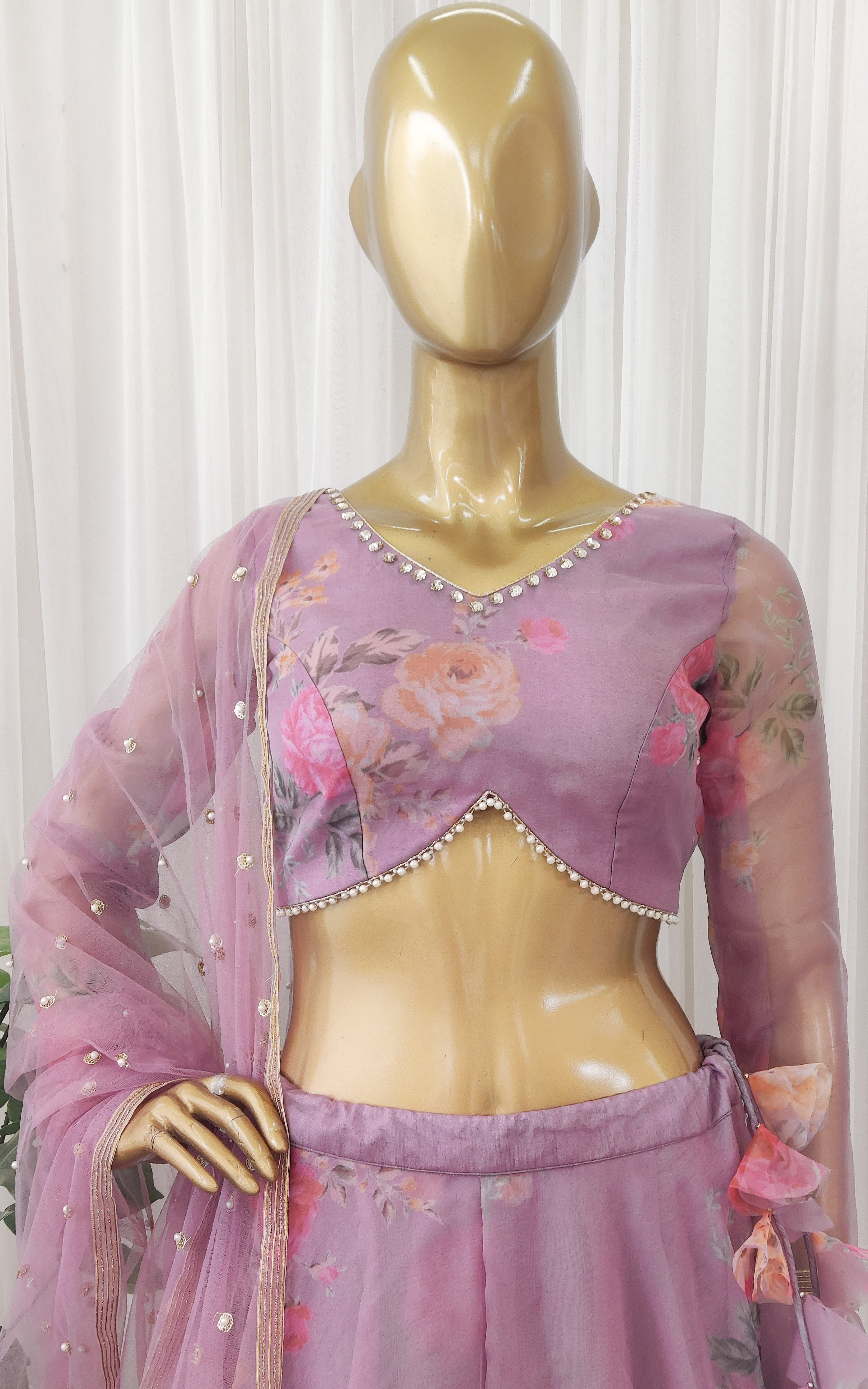 Lilac Floral Organza Lehenga