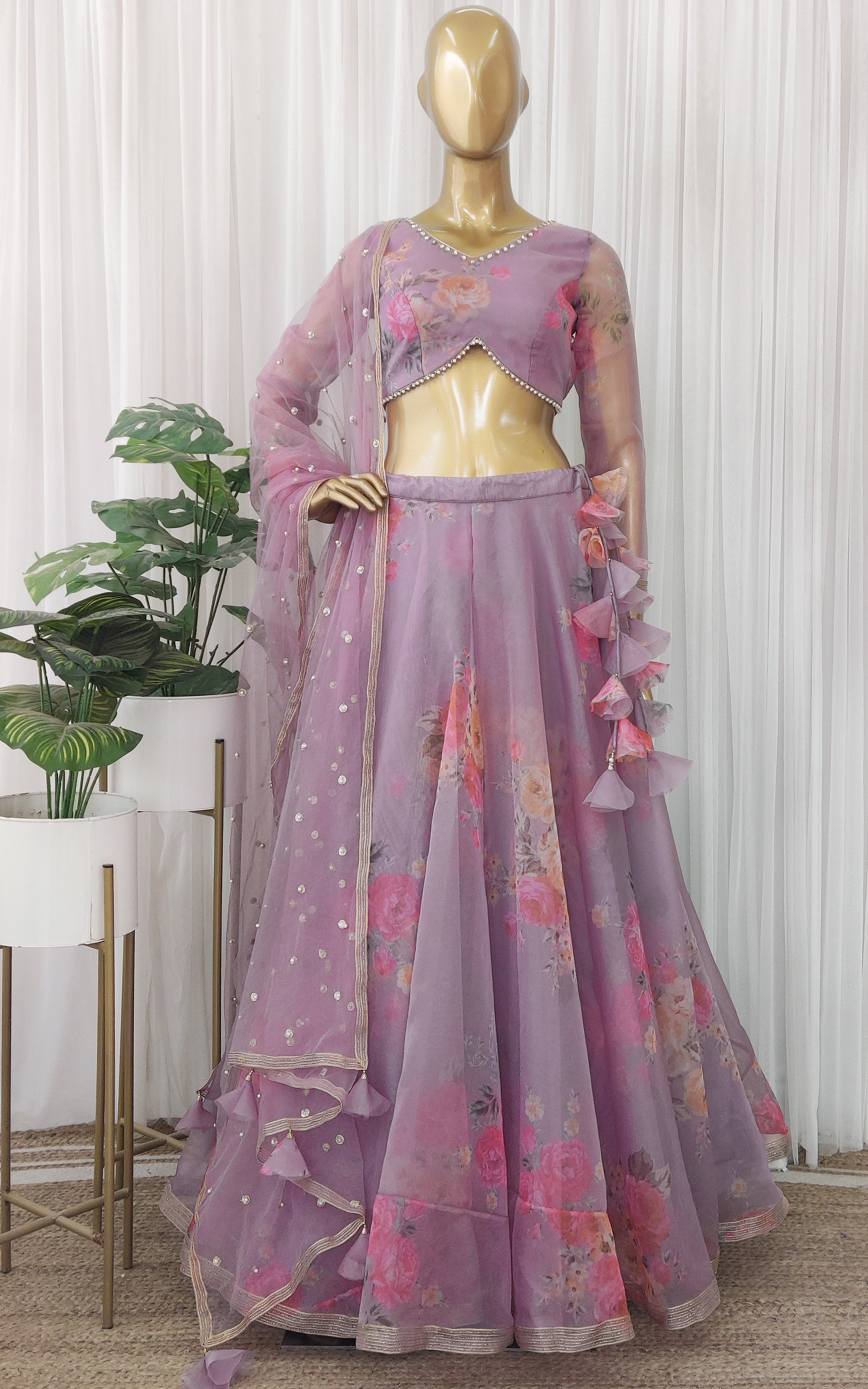 Lilac Floral Organza Lehenga