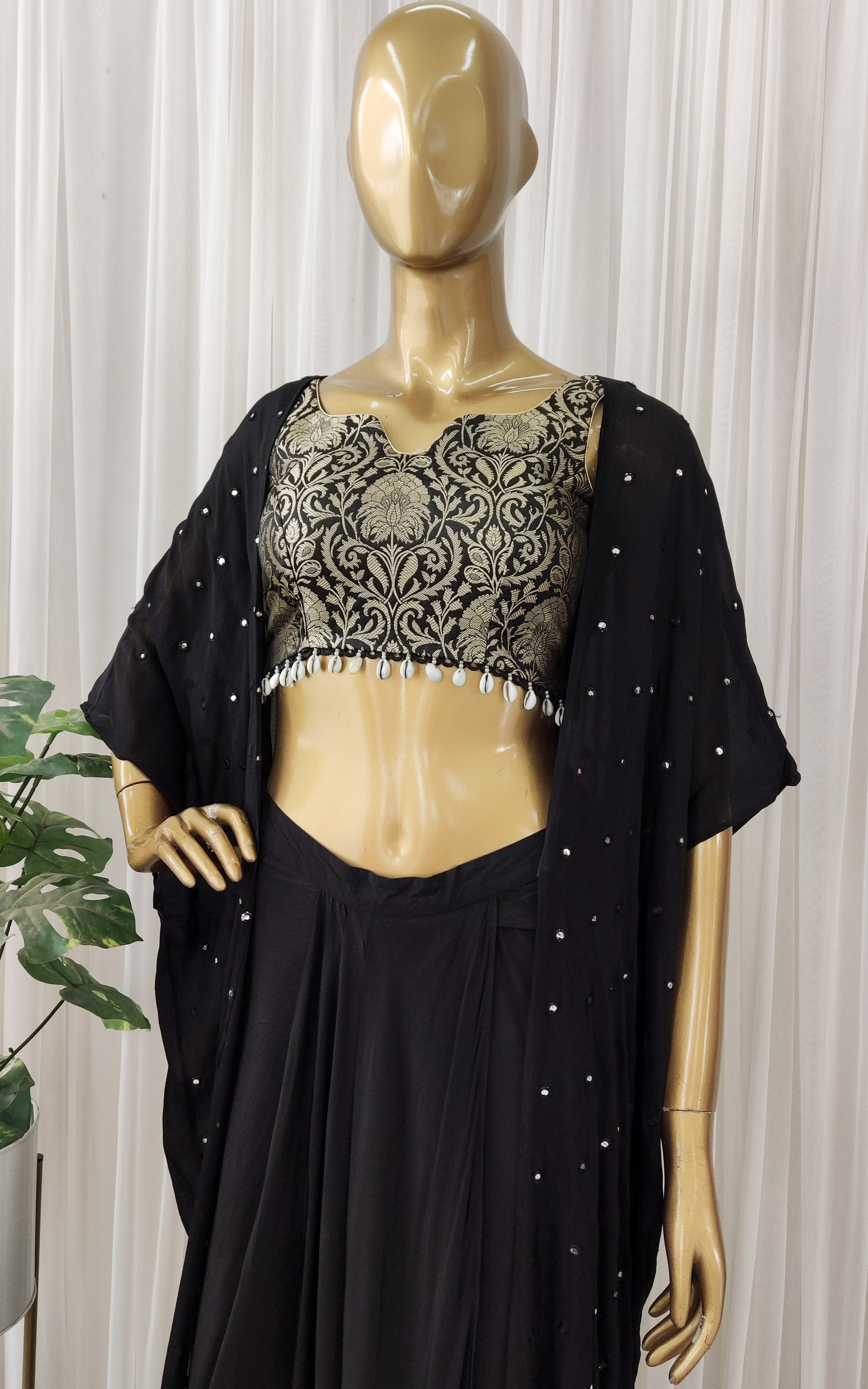 Nishita Black Brocade Crop Top Draped Skirt Set