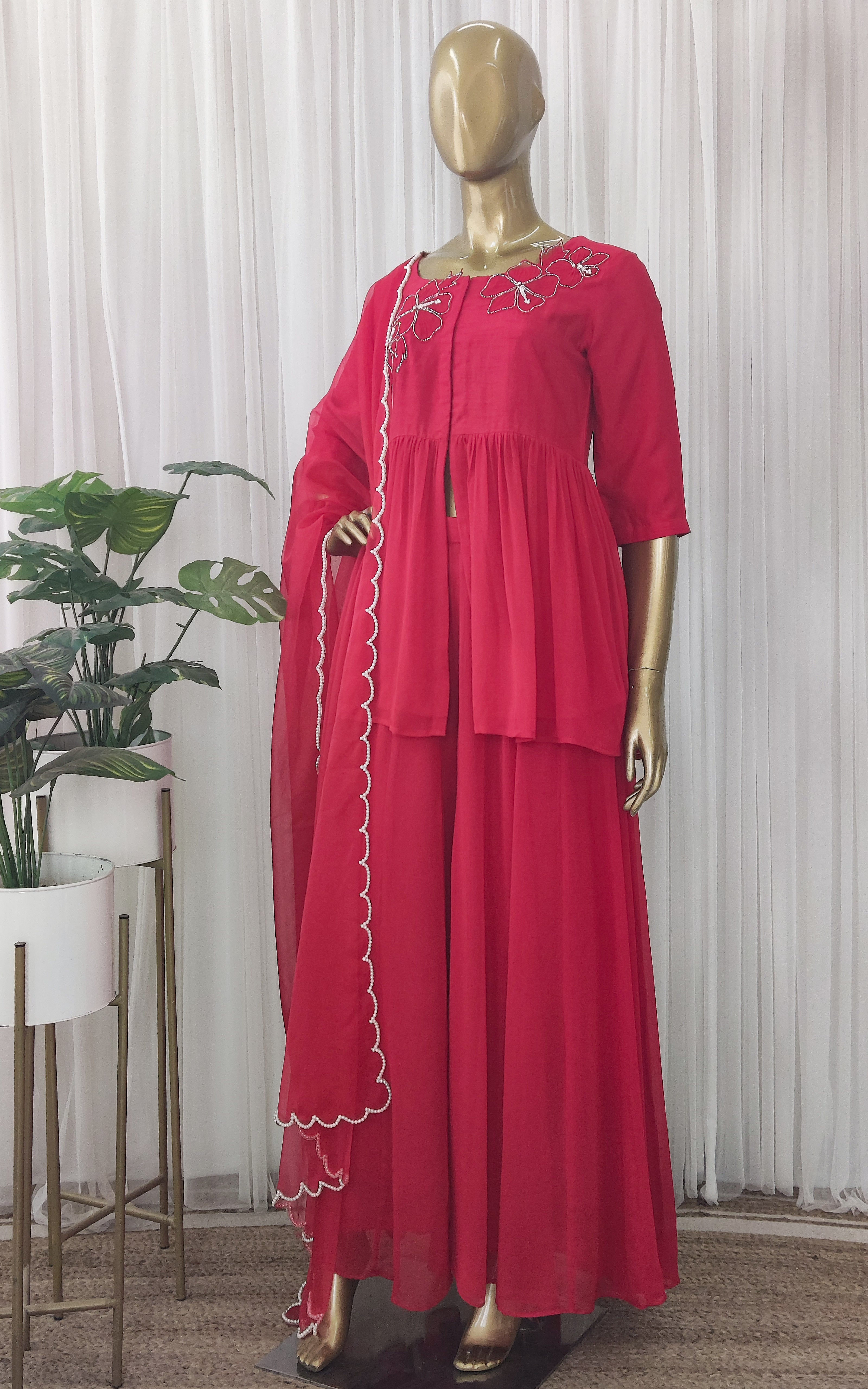 Red Pearl Embroidered Sharara Set