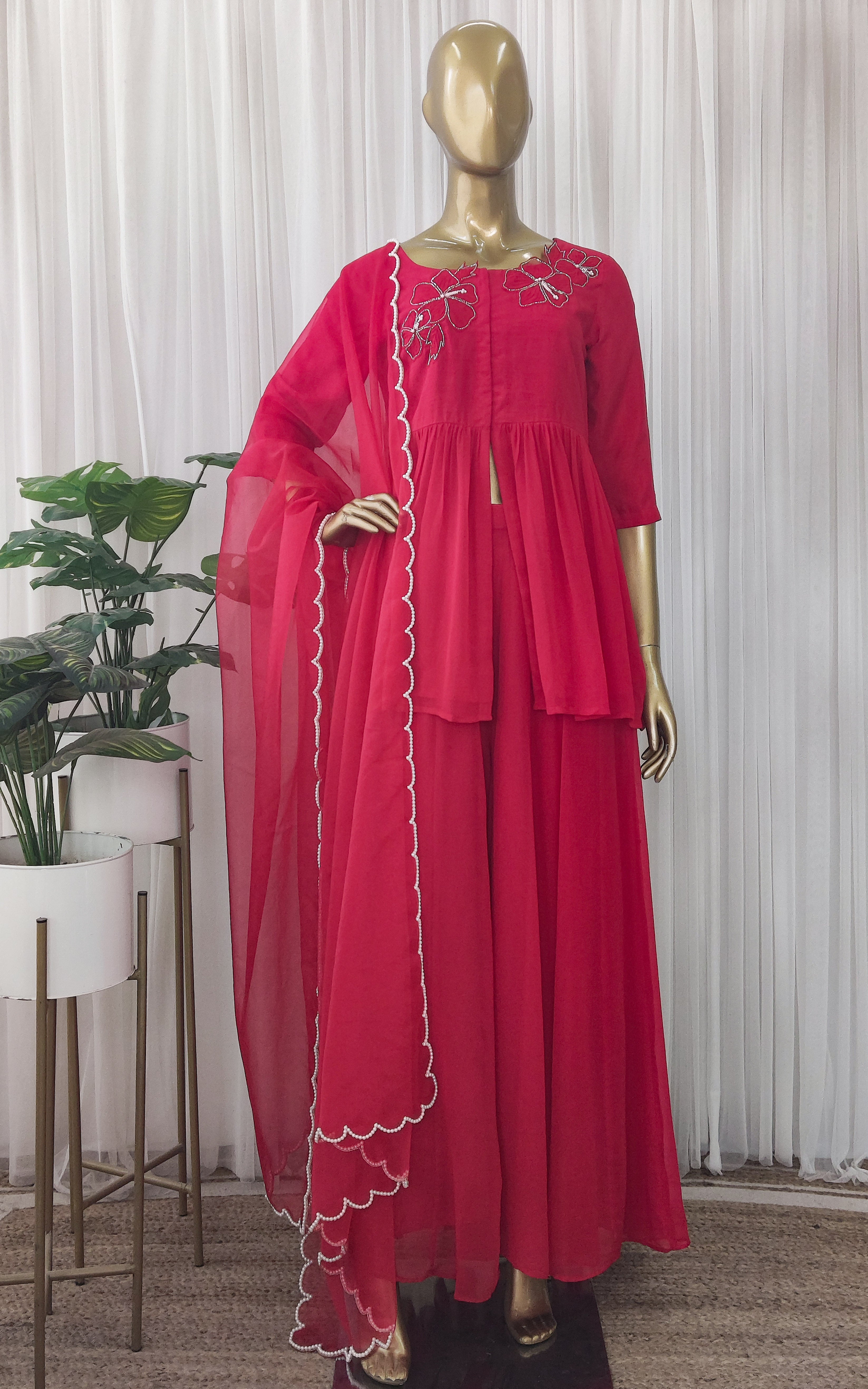 Red Pearl Embroidered Sharara Set