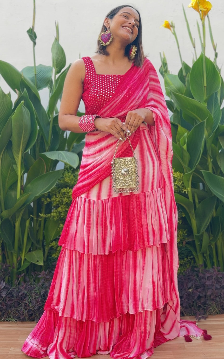Sapna Pink & White Shibori Pre-Draped Georgette Saree