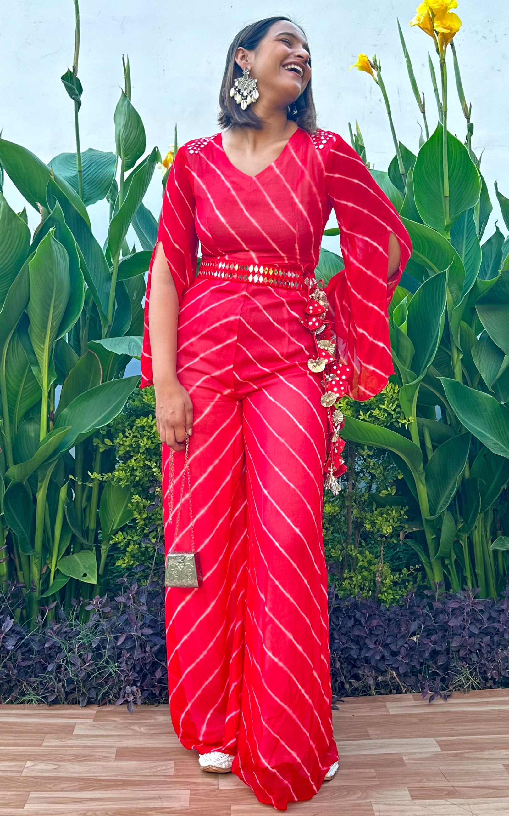 Sapna Red & White Leheriya Mirrorwork Jumpsuit with Mirrorwork Belt