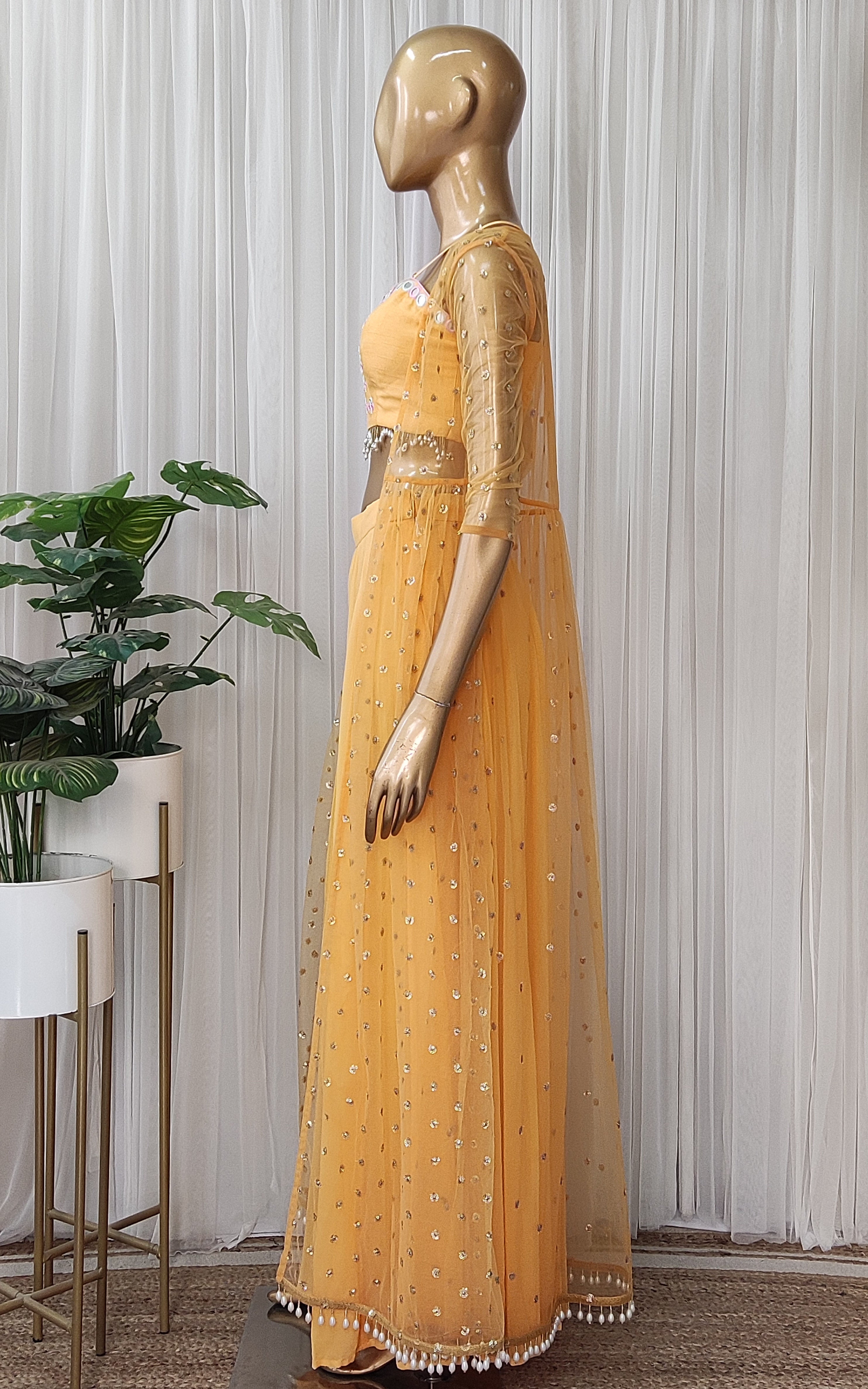 Melon Yellow Mirrrorwork Crop-Top Jacket & Sharara Set