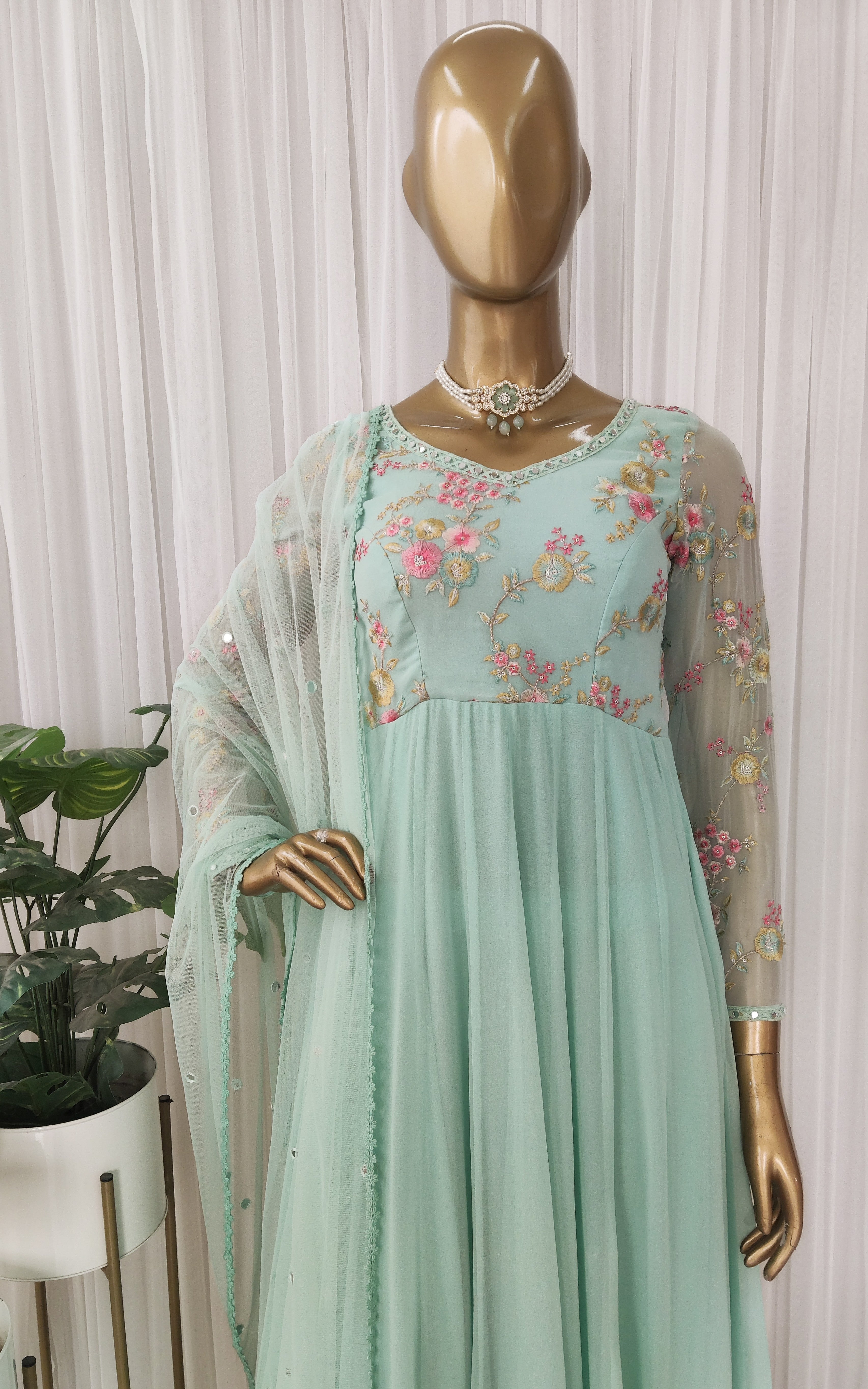 Sky Blue Embroidered Mirrorwork Anarkali