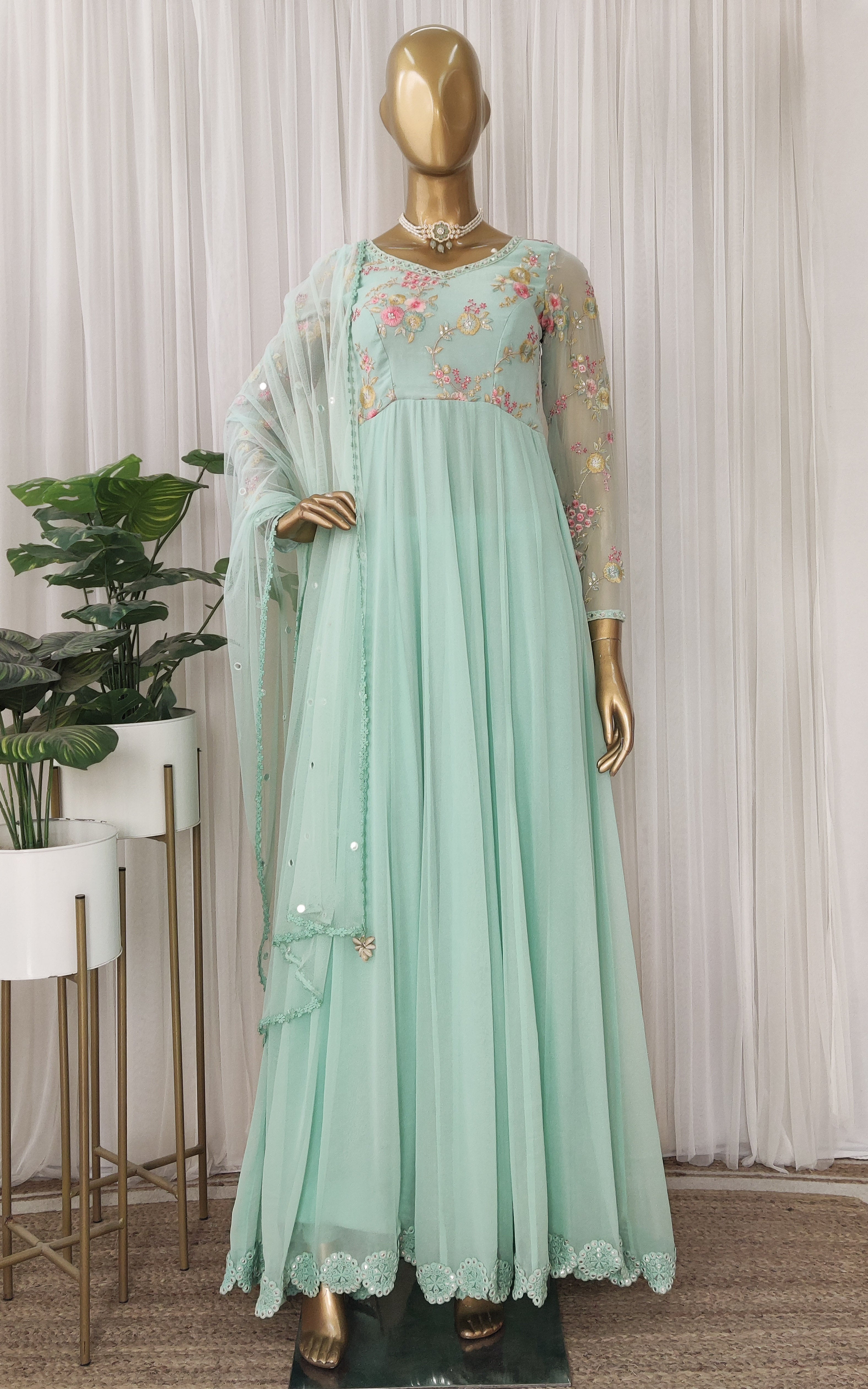 Sky Blue Embroidered Mirrorwork Anarkali