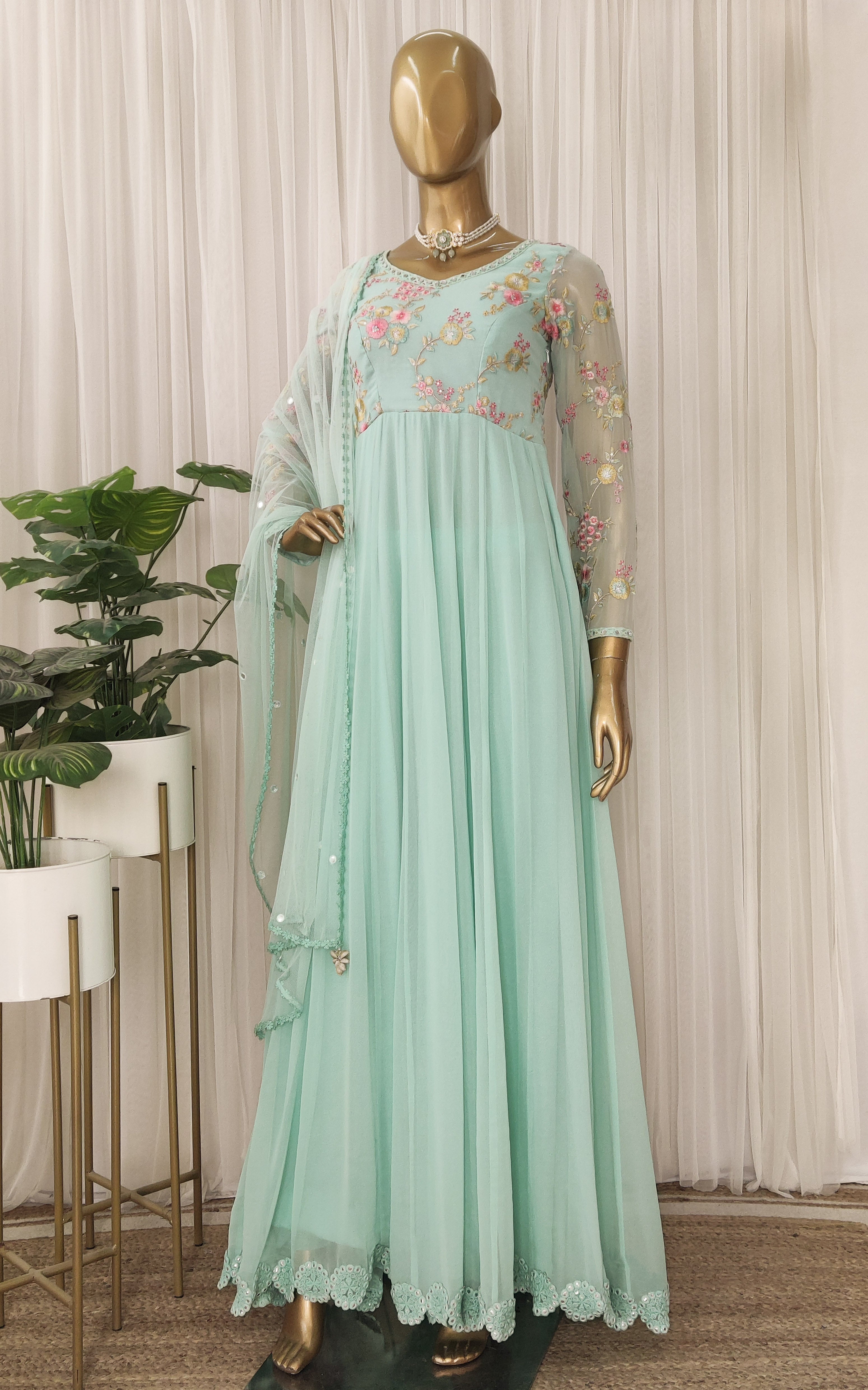 Sky Blue Embroidered Mirrorwork Anarkali