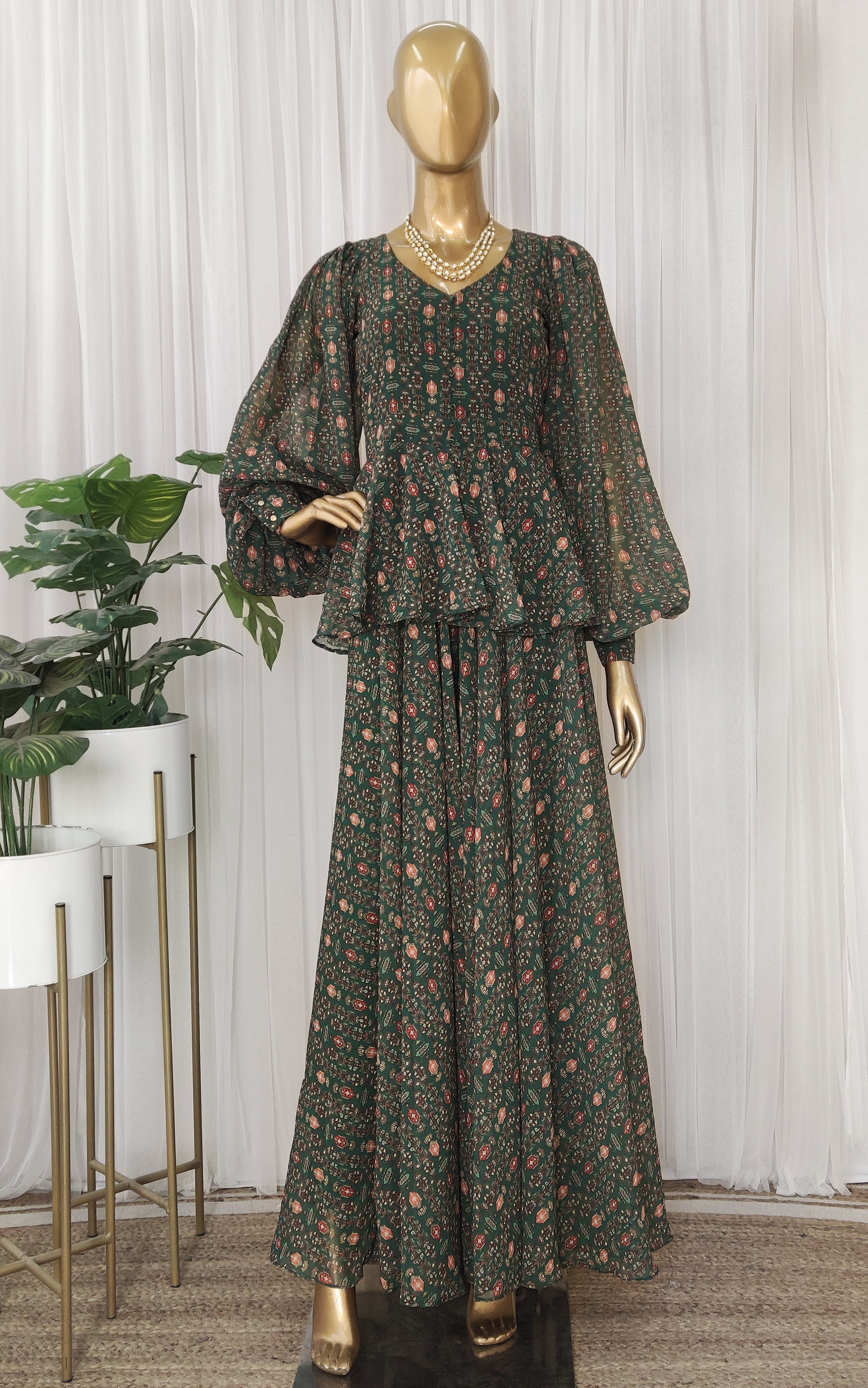 Bottle Green Printed Georgette Jumpsuit