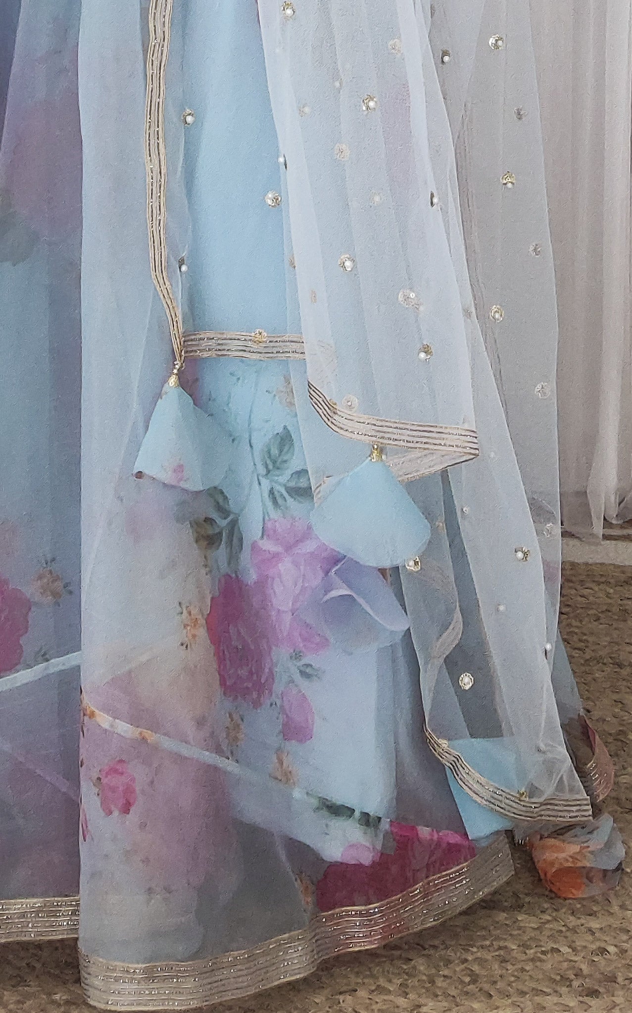 Sky Blue Floral Organza Lehenga