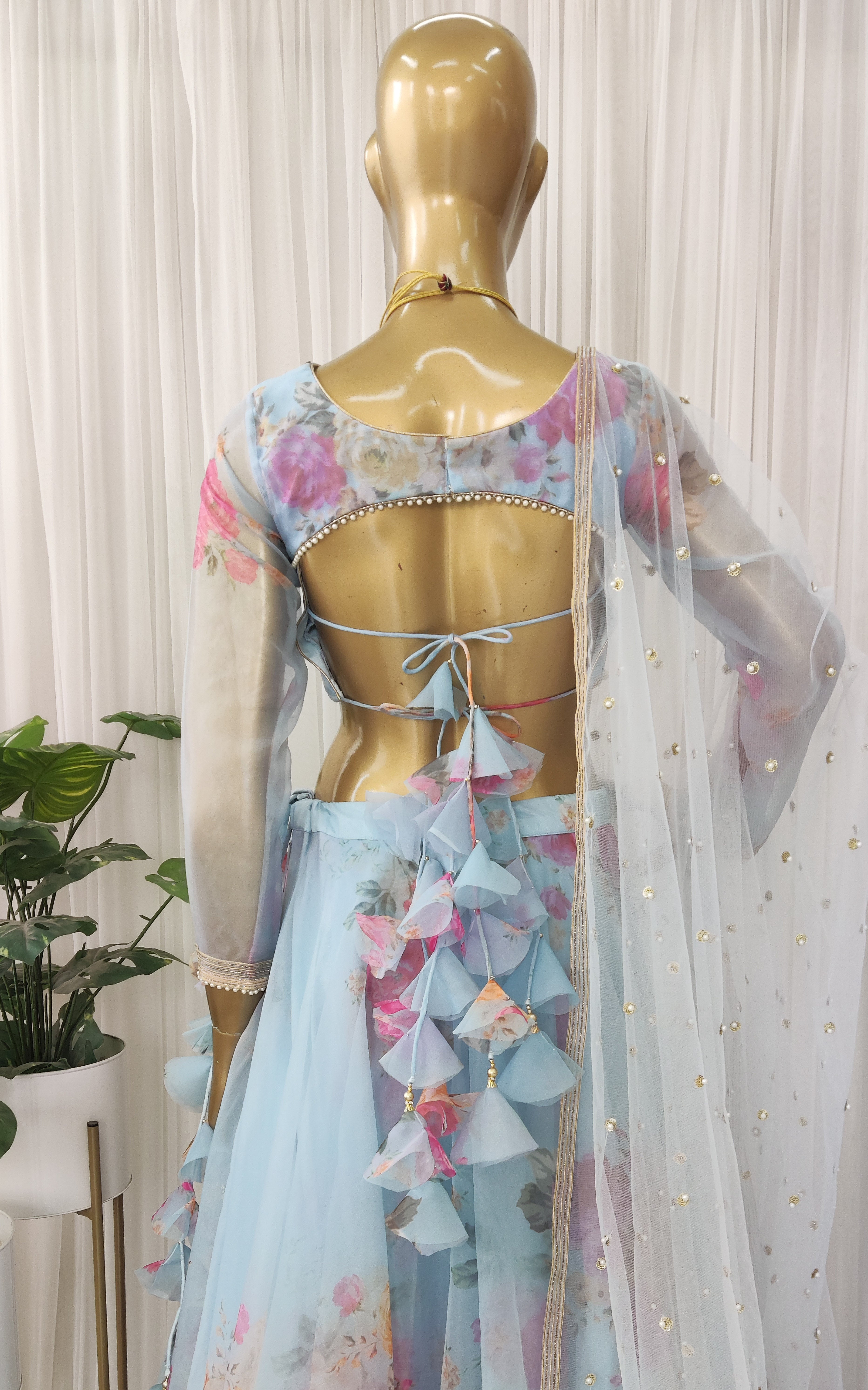 Sky Blue Floral Organza Lehenga