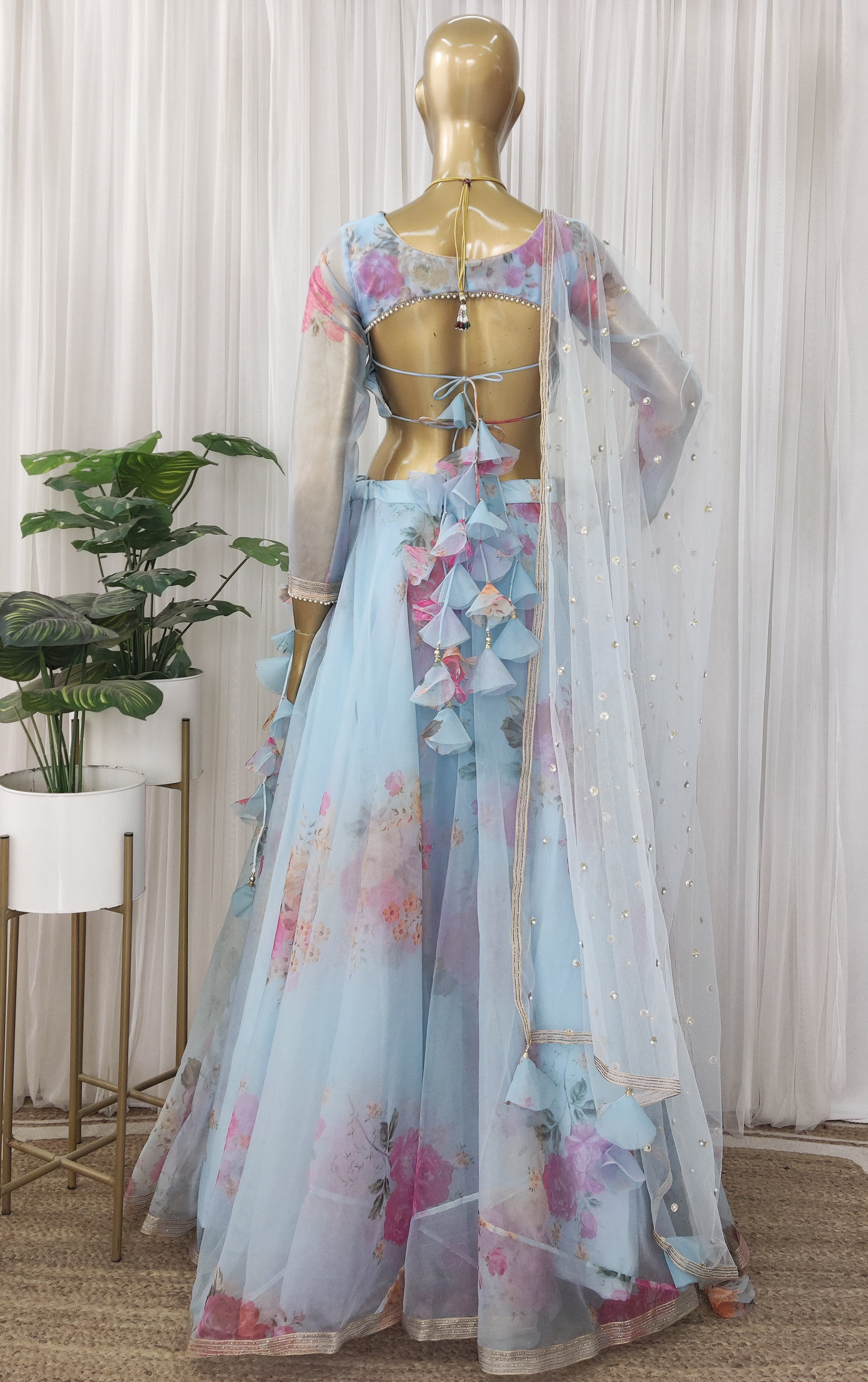 Sky Blue Floral Organza Lehenga