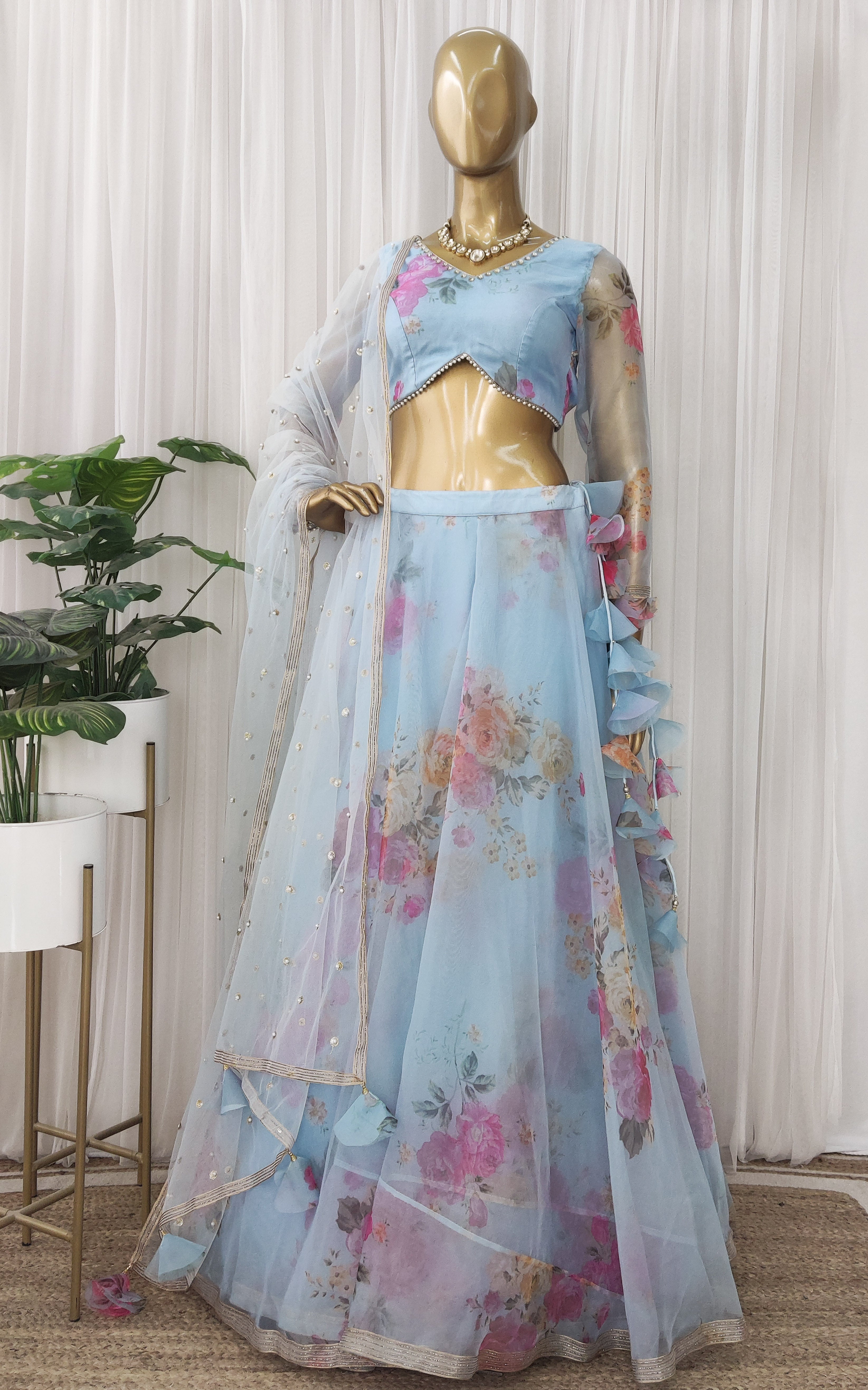 Sky Blue Floral Organza Lehenga