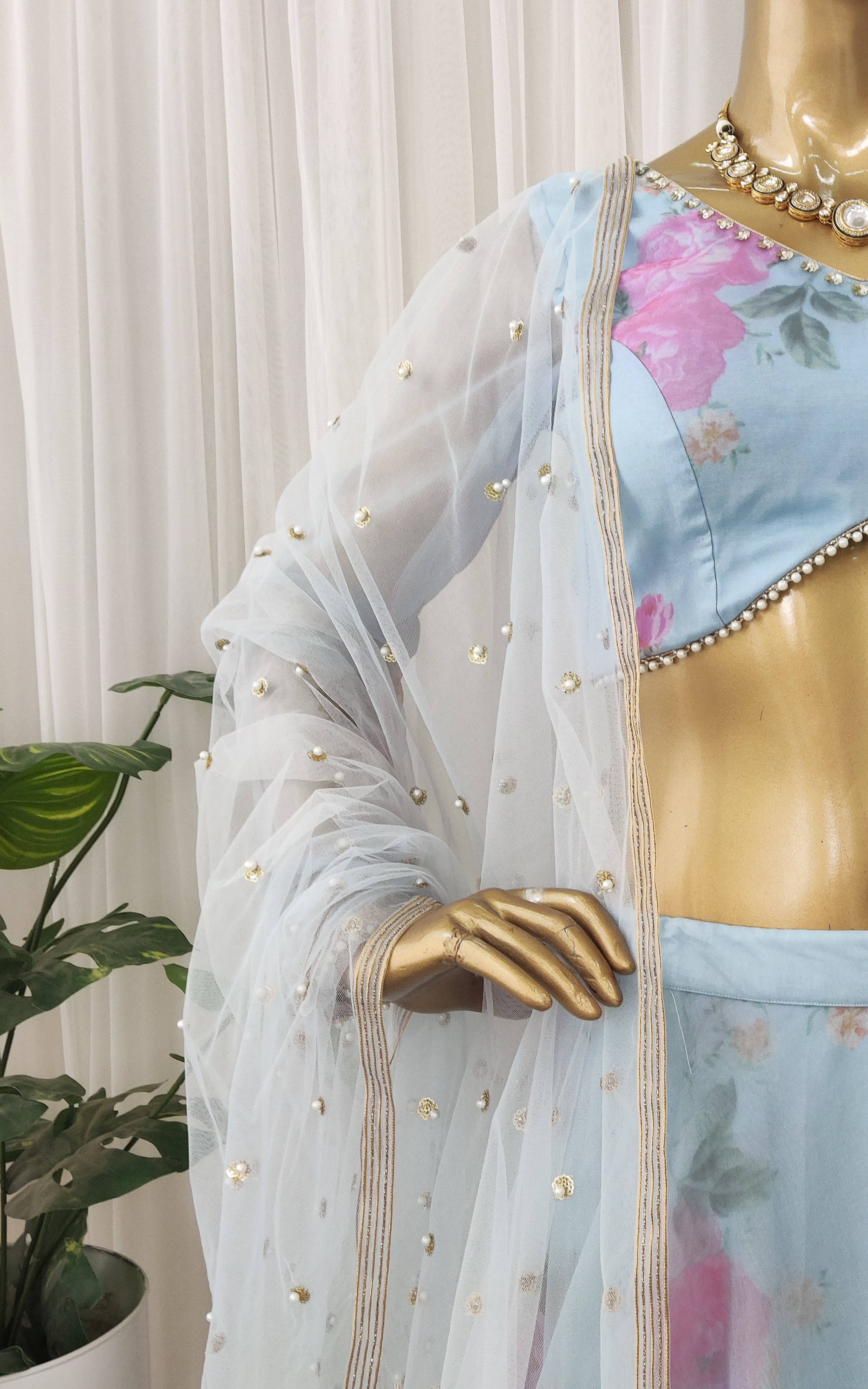 Sky Blue Floral Organza Lehenga