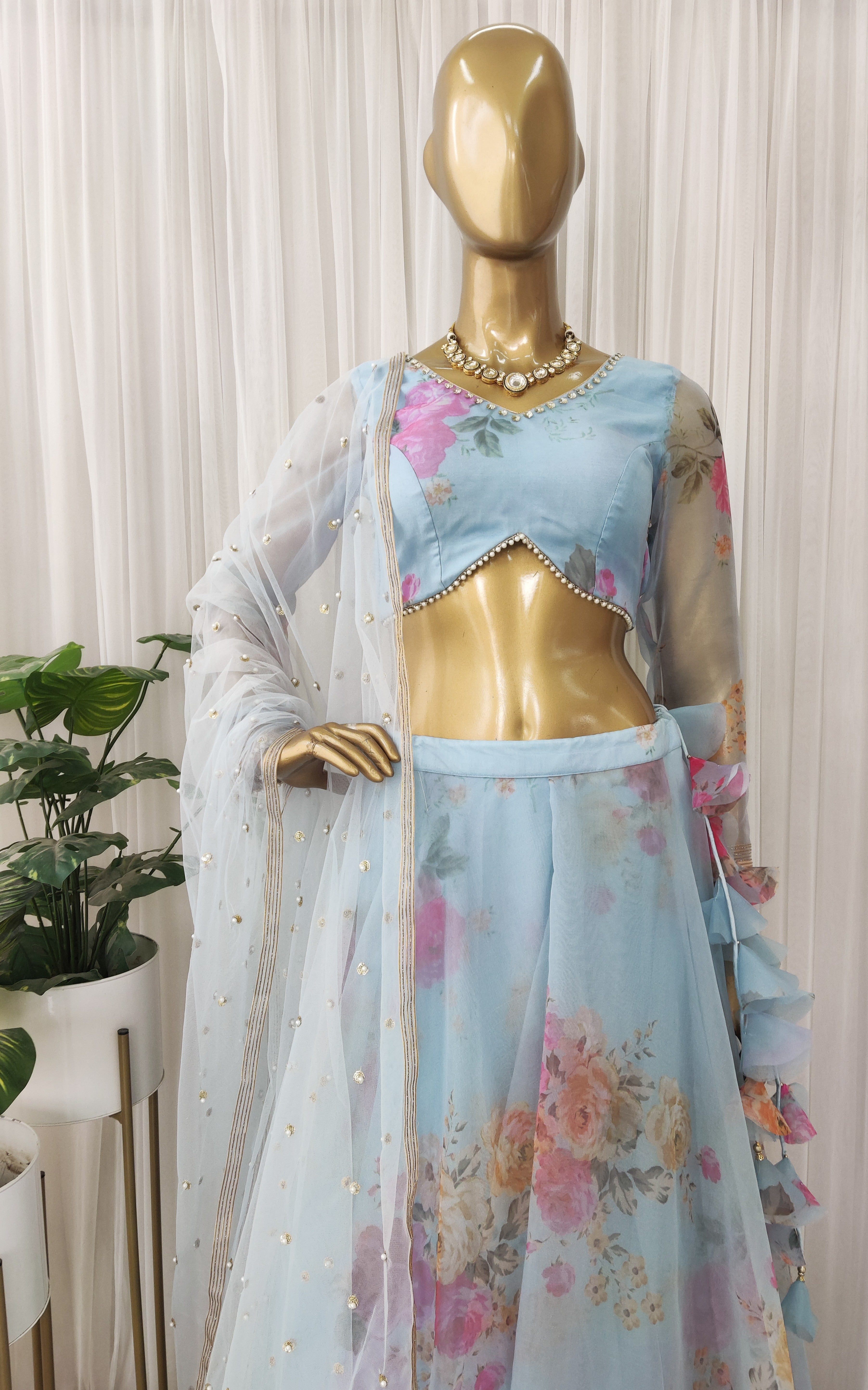Sky Blue Floral Organza Lehenga