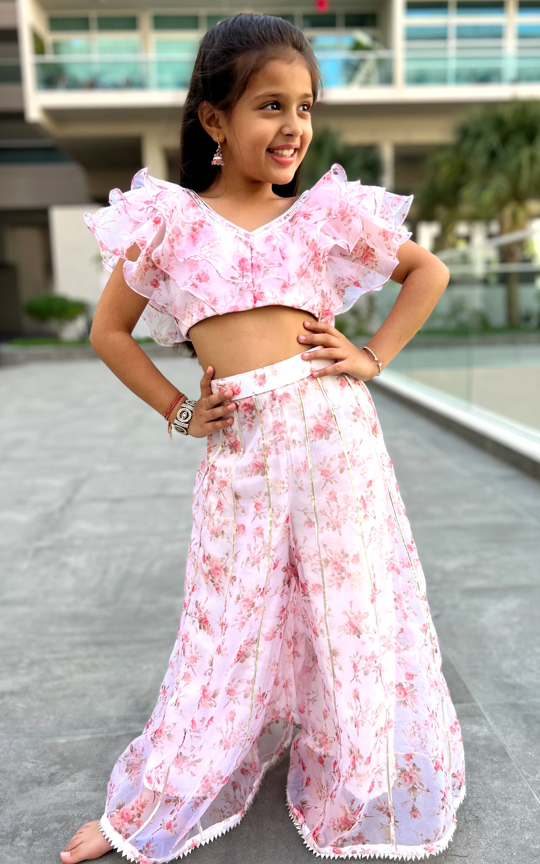 Kashvi White Floral  Ruffle Organza Kids Crop-Top & Sharara