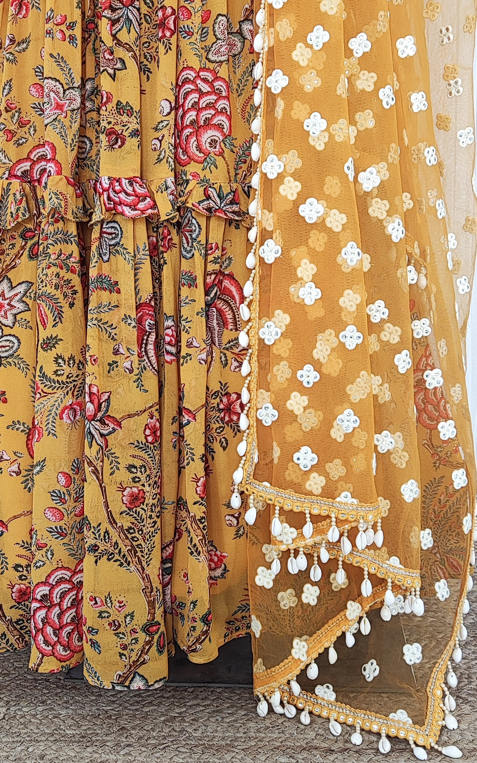 Tropical Yellow Frilly Mirrorwork Georgette Lehenga