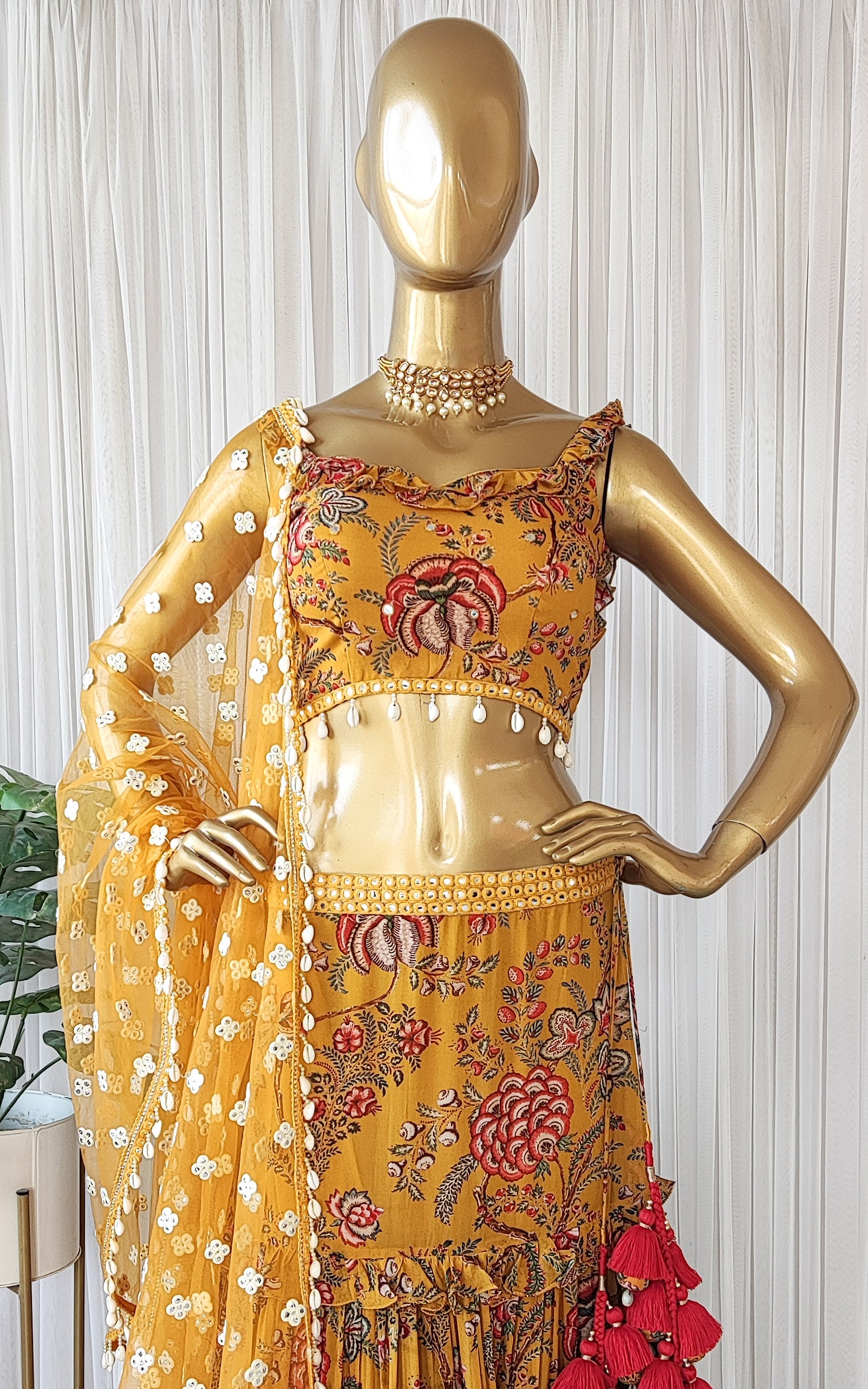Tropical Yellow Frilly Mirrorwork Georgette Lehenga
