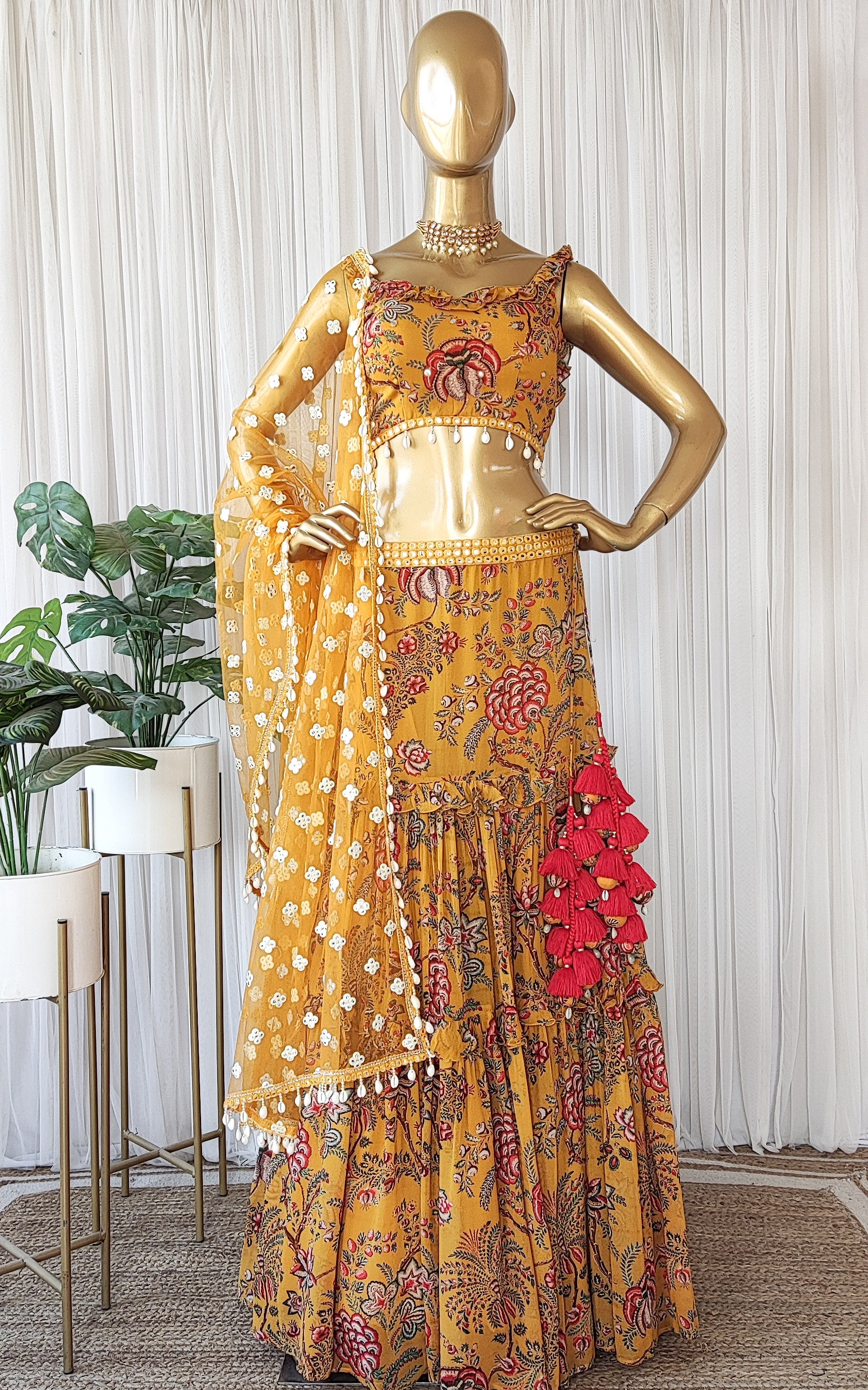 Tropical Yellow Frilly Mirrorwork Georgette Lehenga