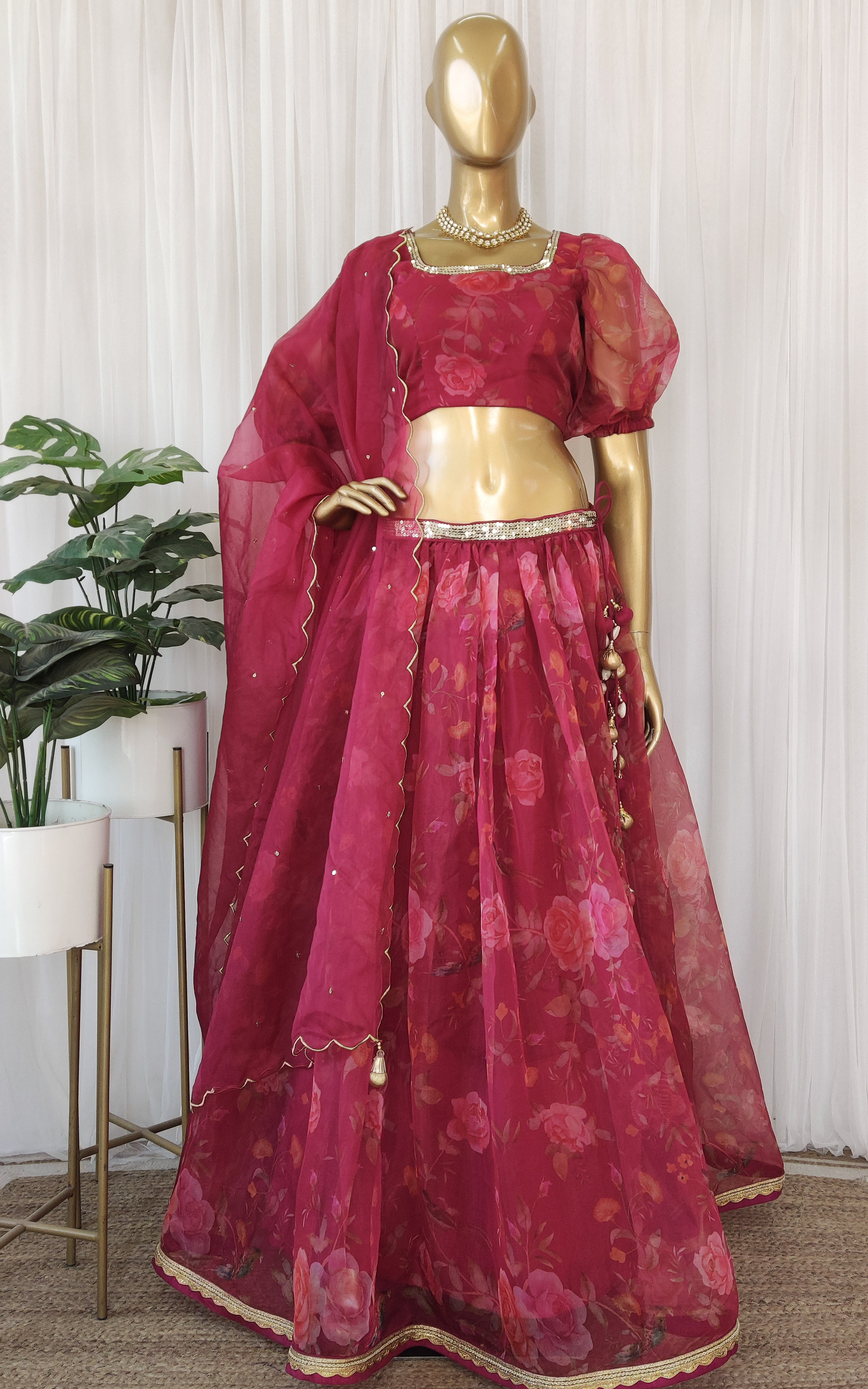 Wine Birdsong Organza Sequin-work Lehenga