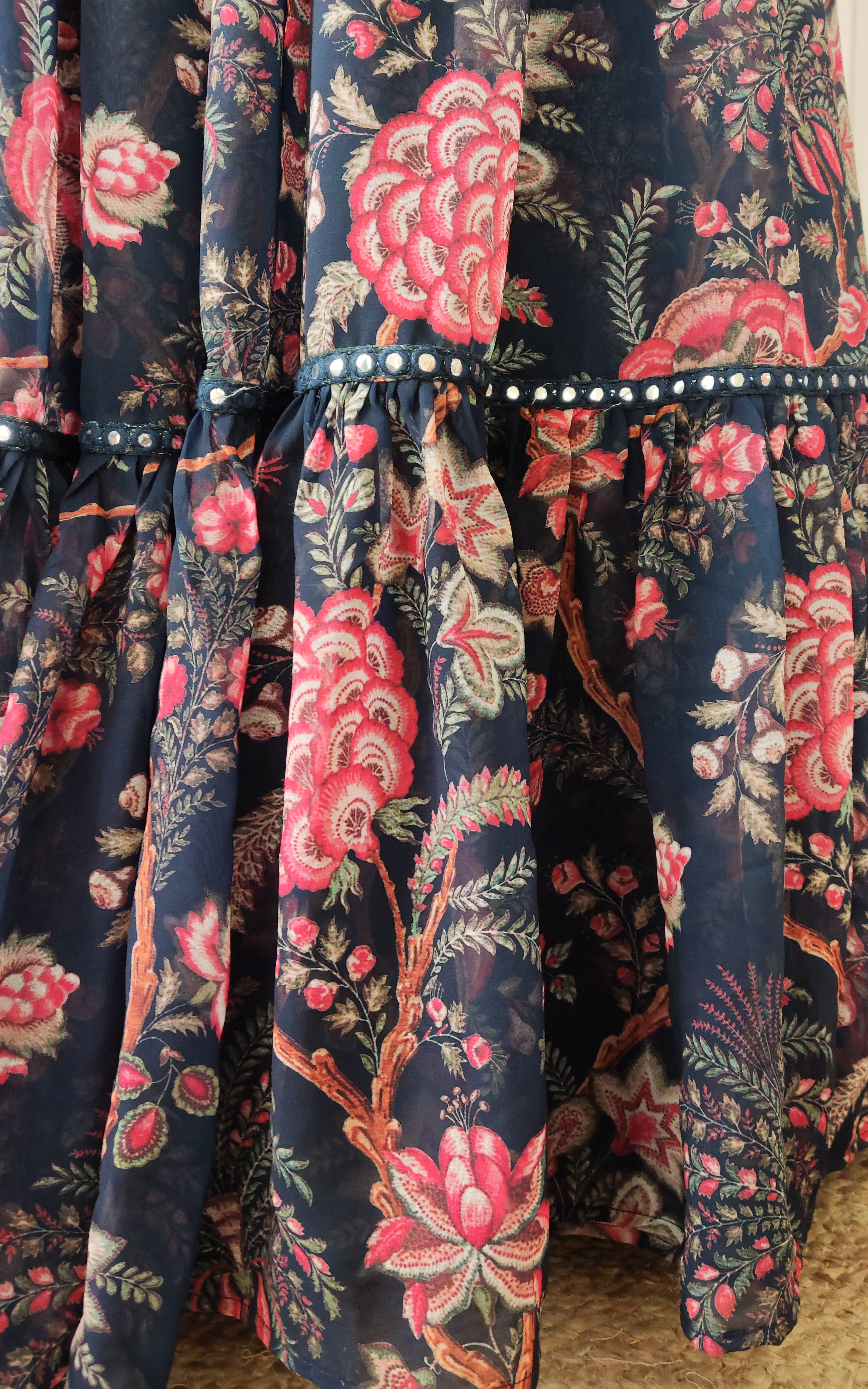 Navy Blue Tropical Mirrorwork Georgette Lehenga