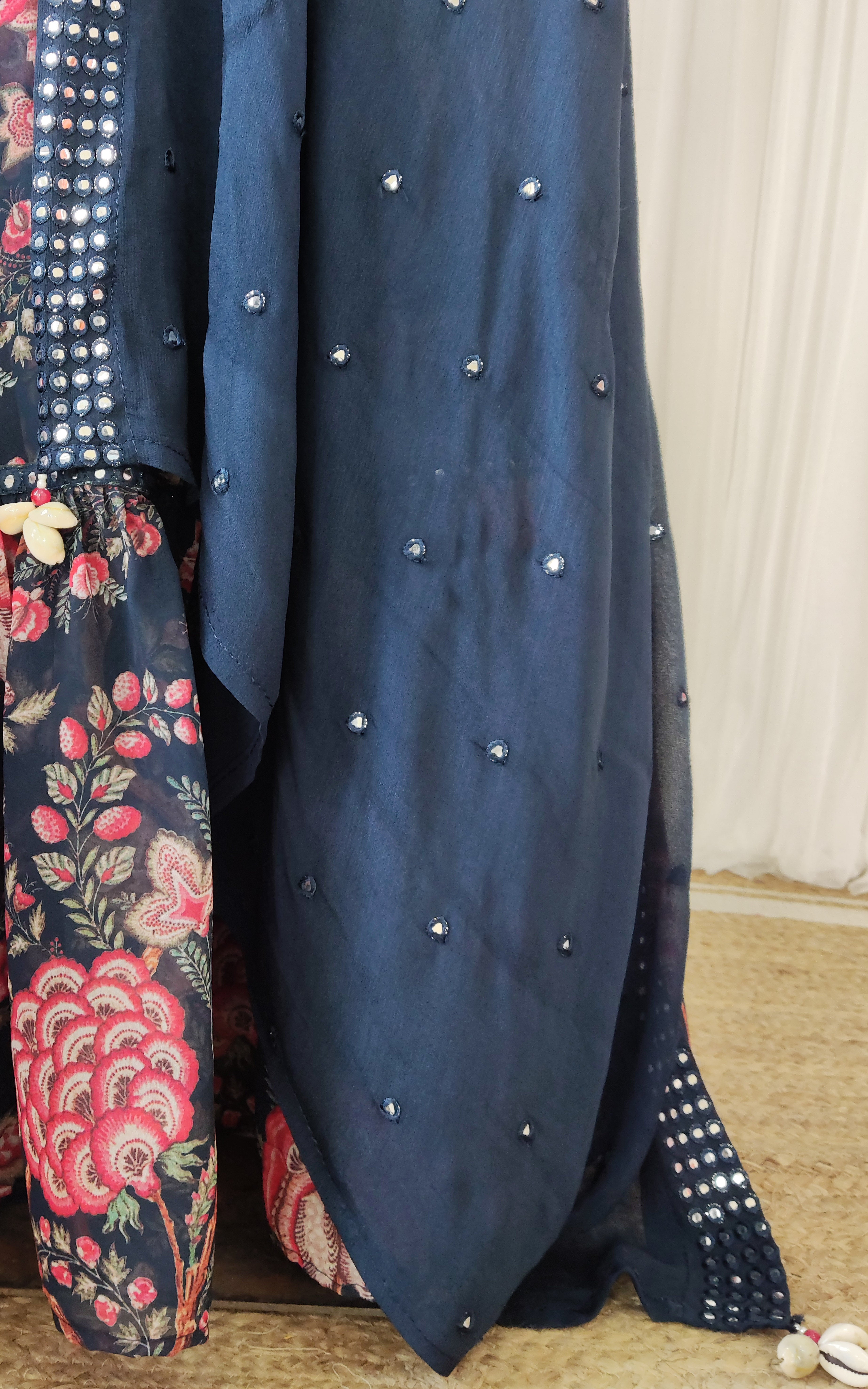 Navy Blue Tropical Mirrorwork Georgette Lehenga