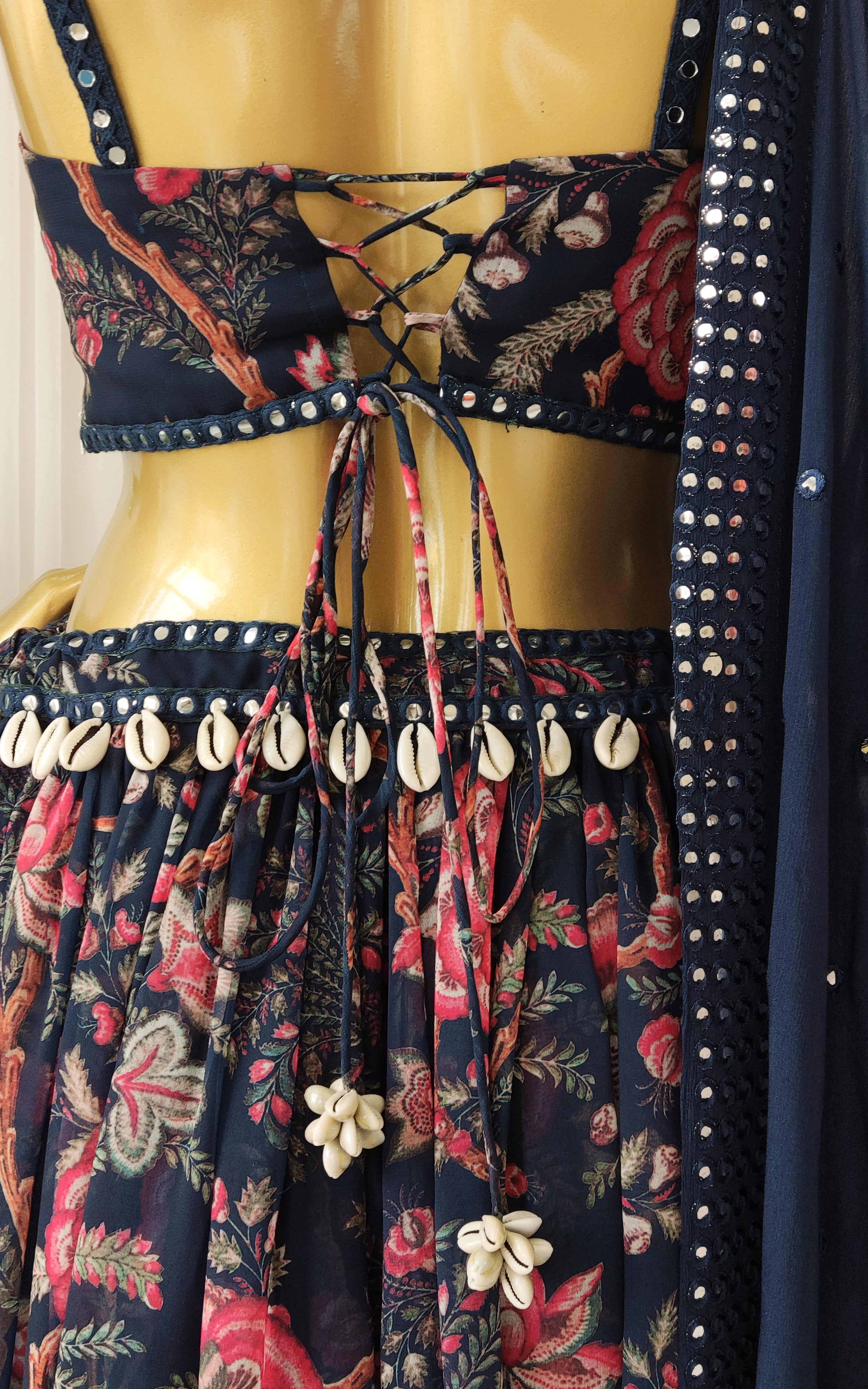 Navy Blue Tropical Mirrorwork Georgette Lehenga