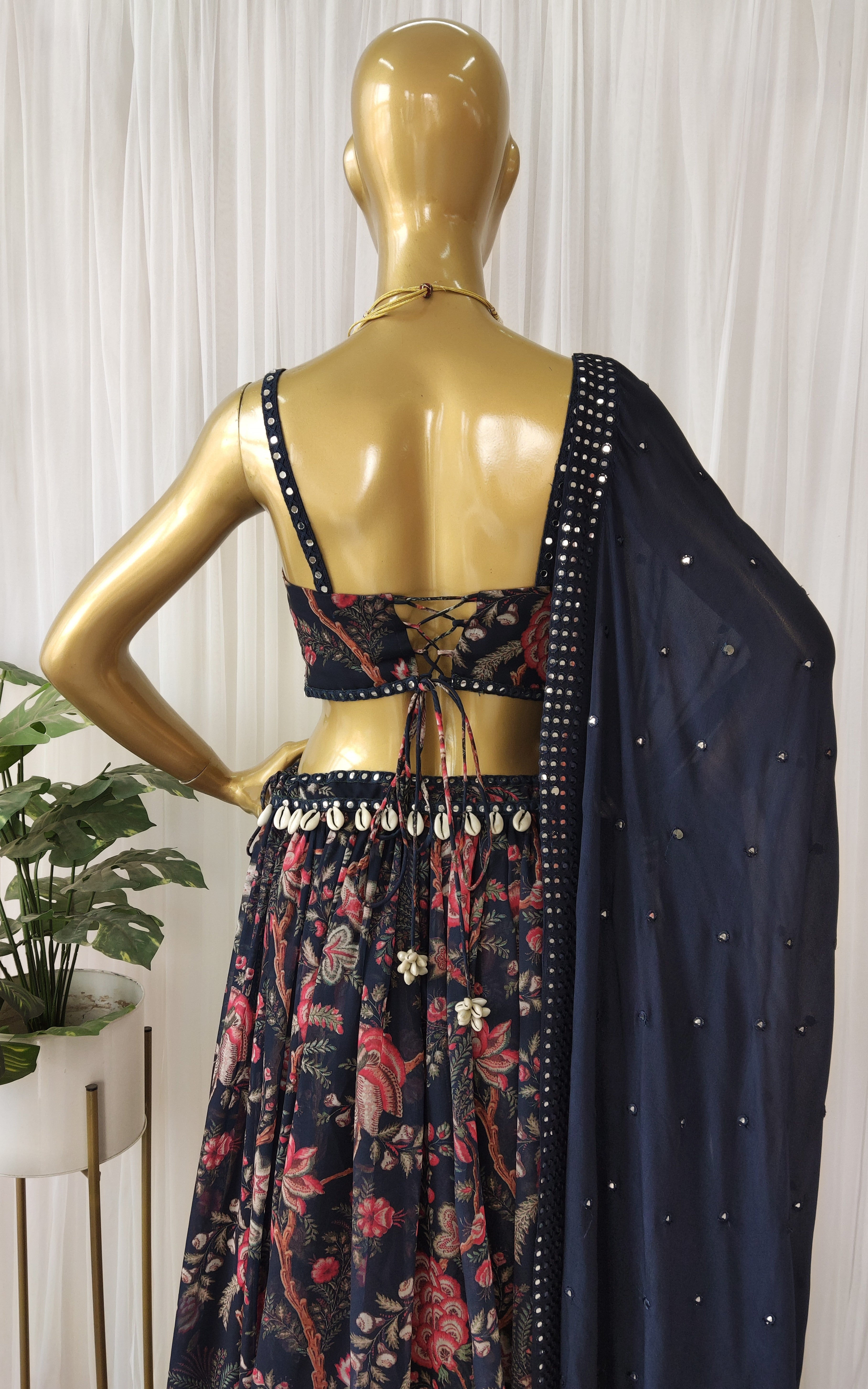 Navy Blue Tropical Mirrorwork Georgette Lehenga