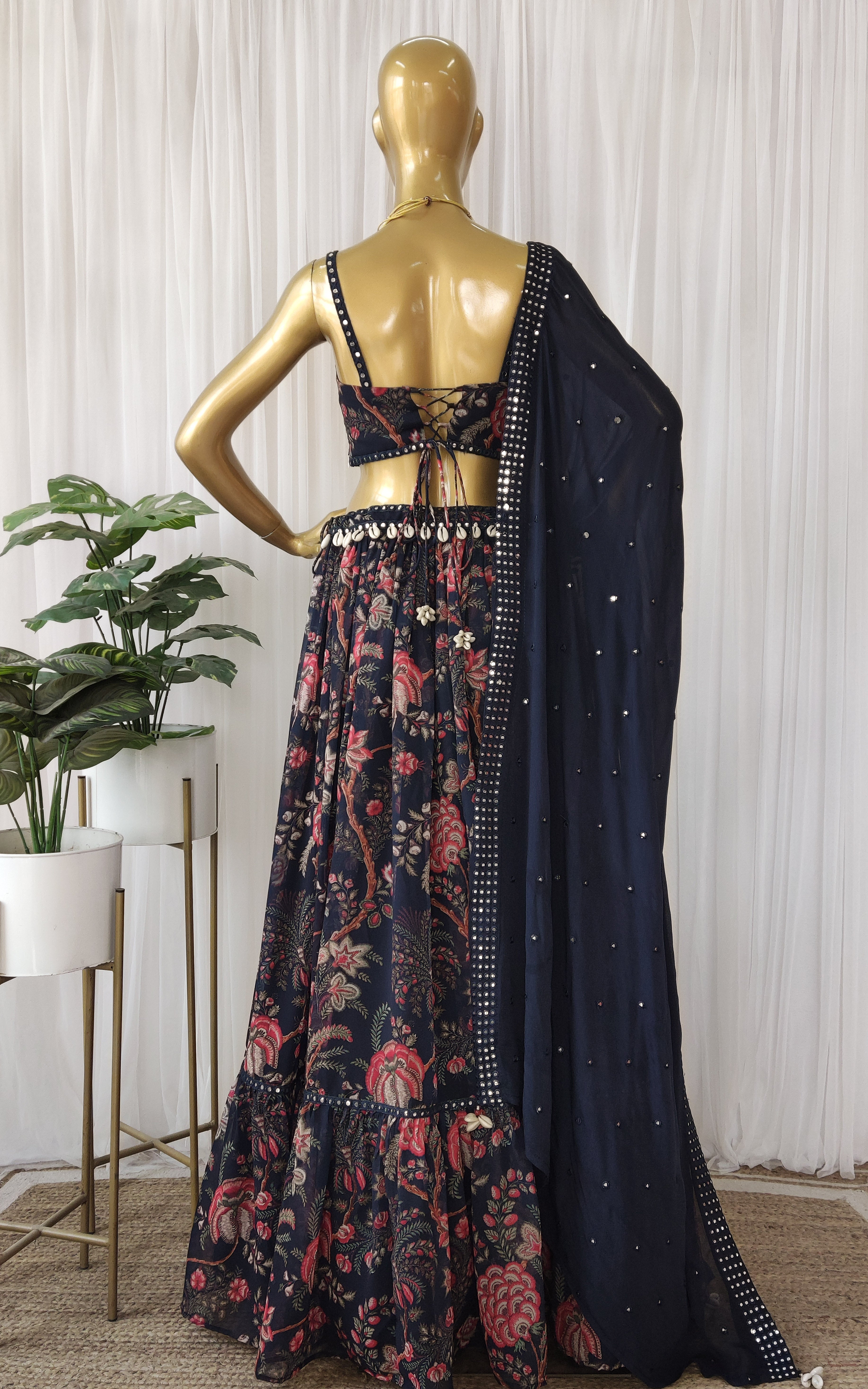 Navy Blue Tropical Mirrorwork Georgette Lehenga