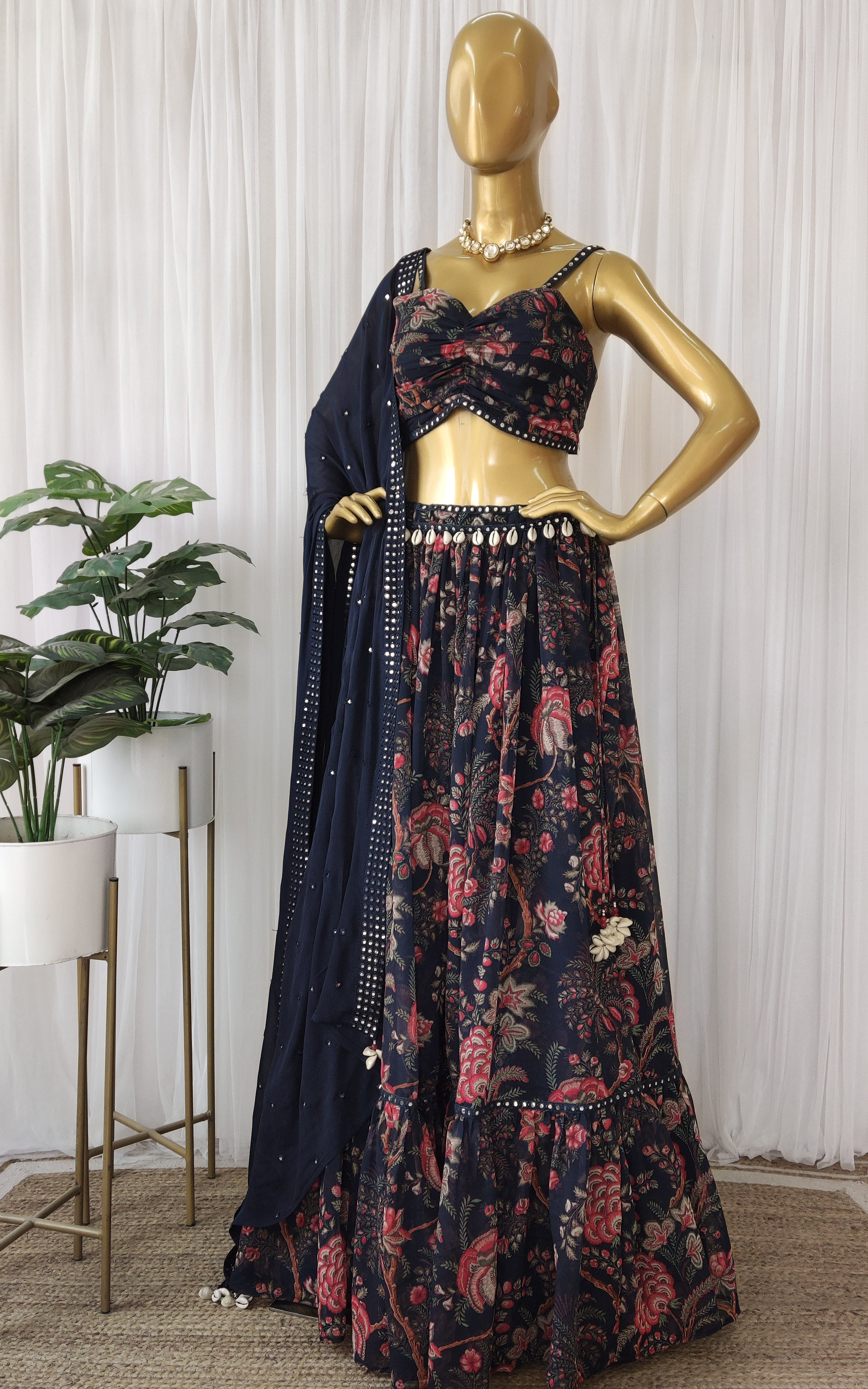 Navy Blue Tropical Mirrorwork Georgette Lehenga