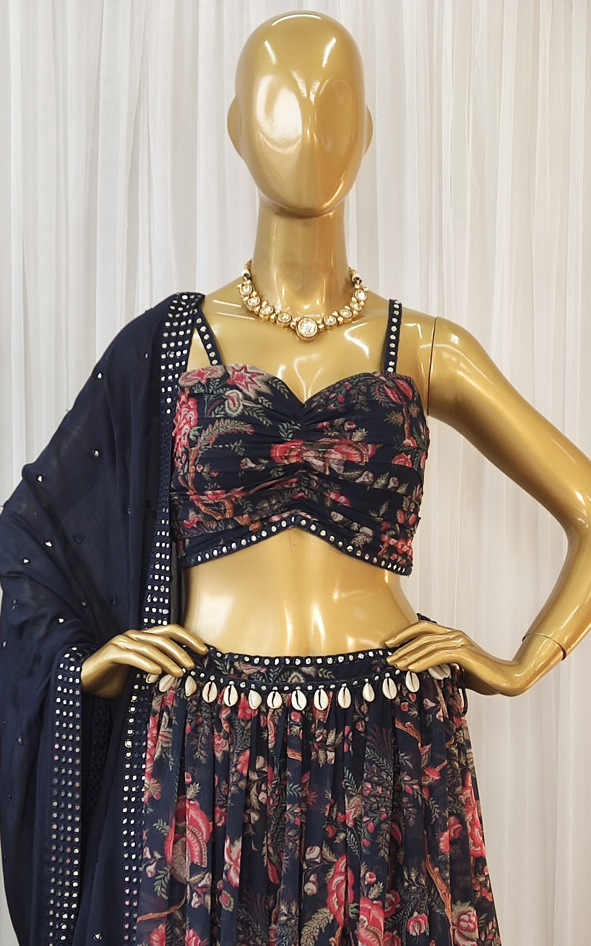 Navy Blue Tropical Mirrorwork Georgette Lehenga