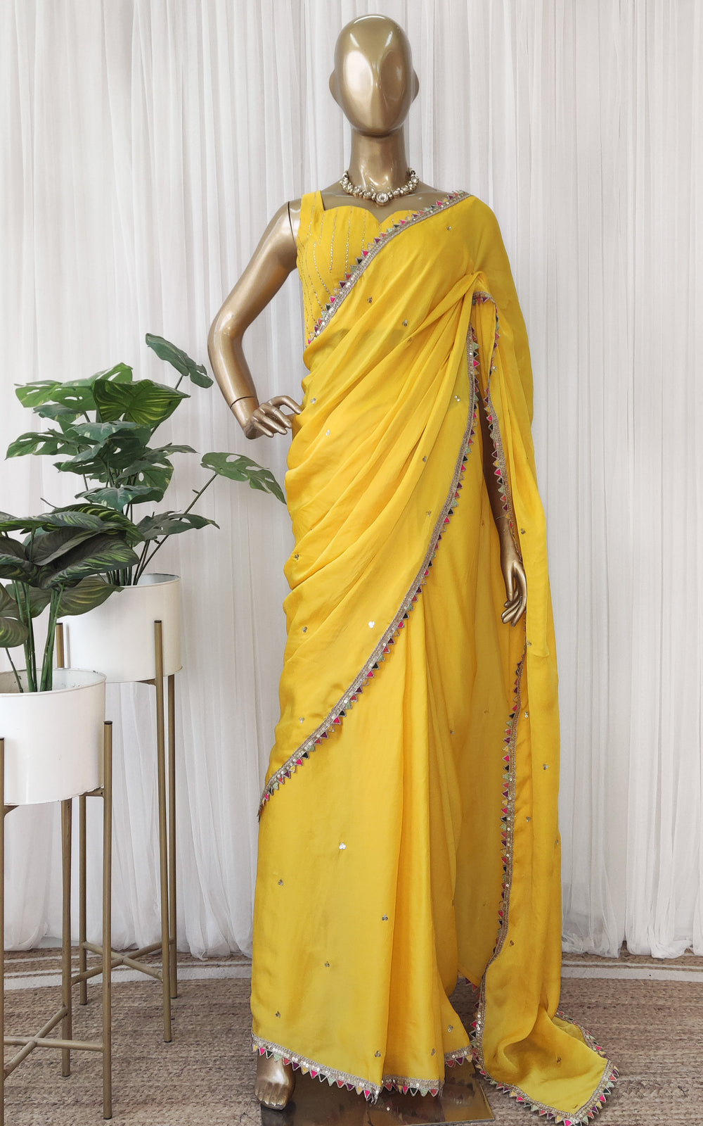 Embroidered Yellow Organza Saree with Sequin Border for Wedding & Event Wear main image 1