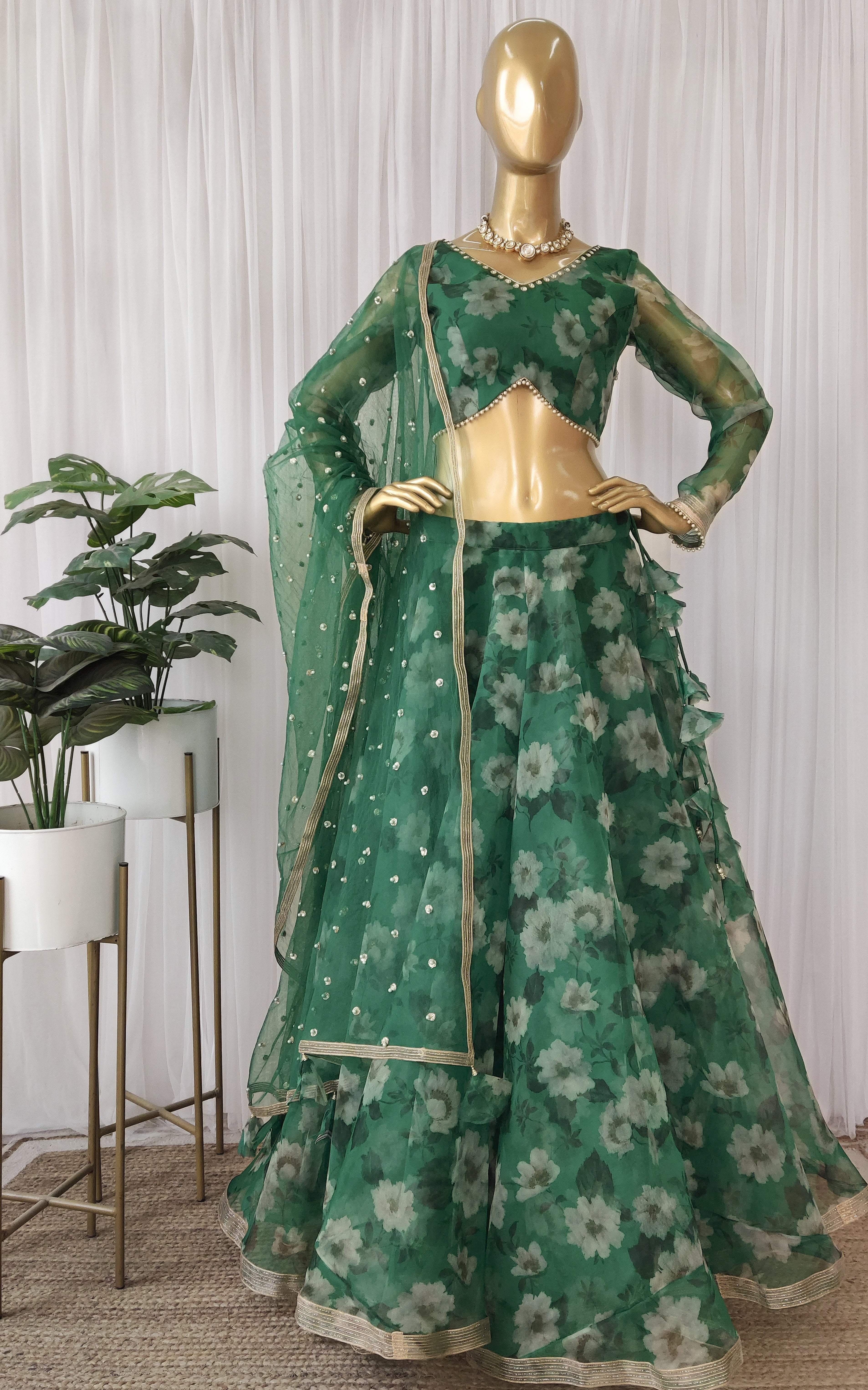 Forest Green Floral Organza Lehenga