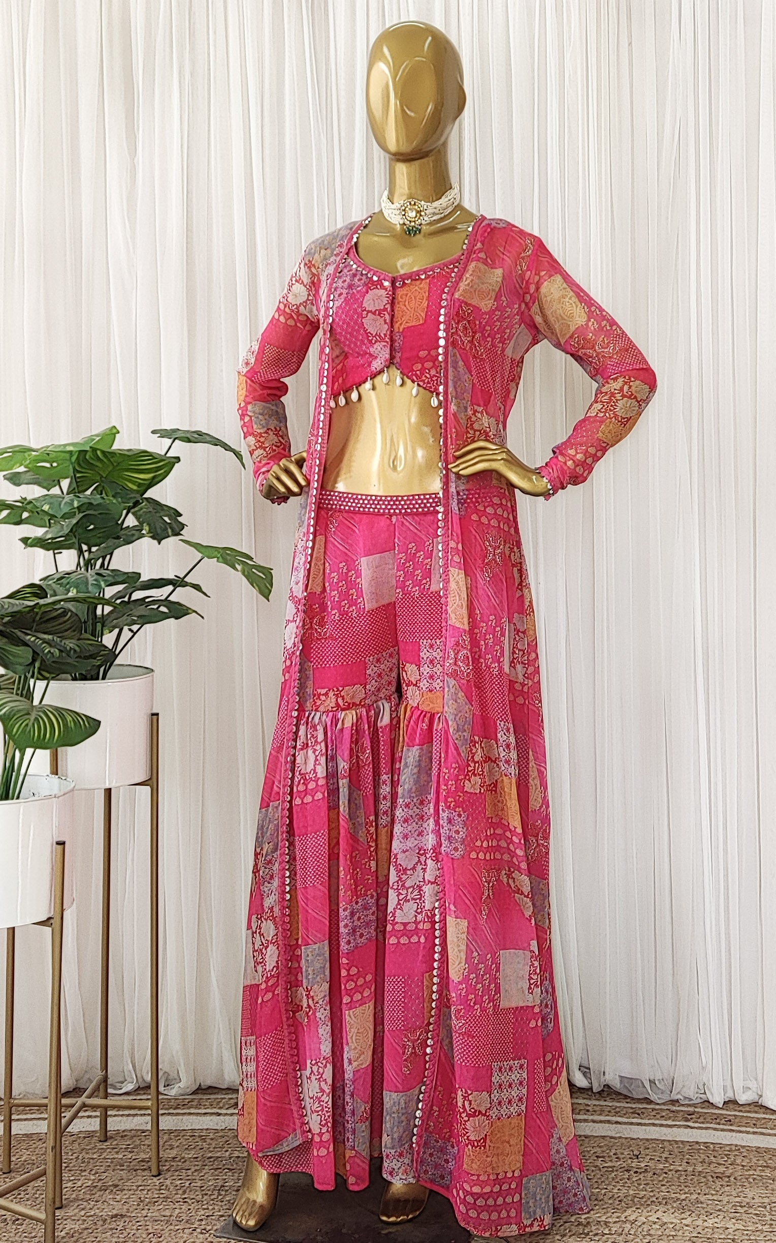 Hot Pink Mirrorwork Georgette Crop Top Sharara Co-Ord Set