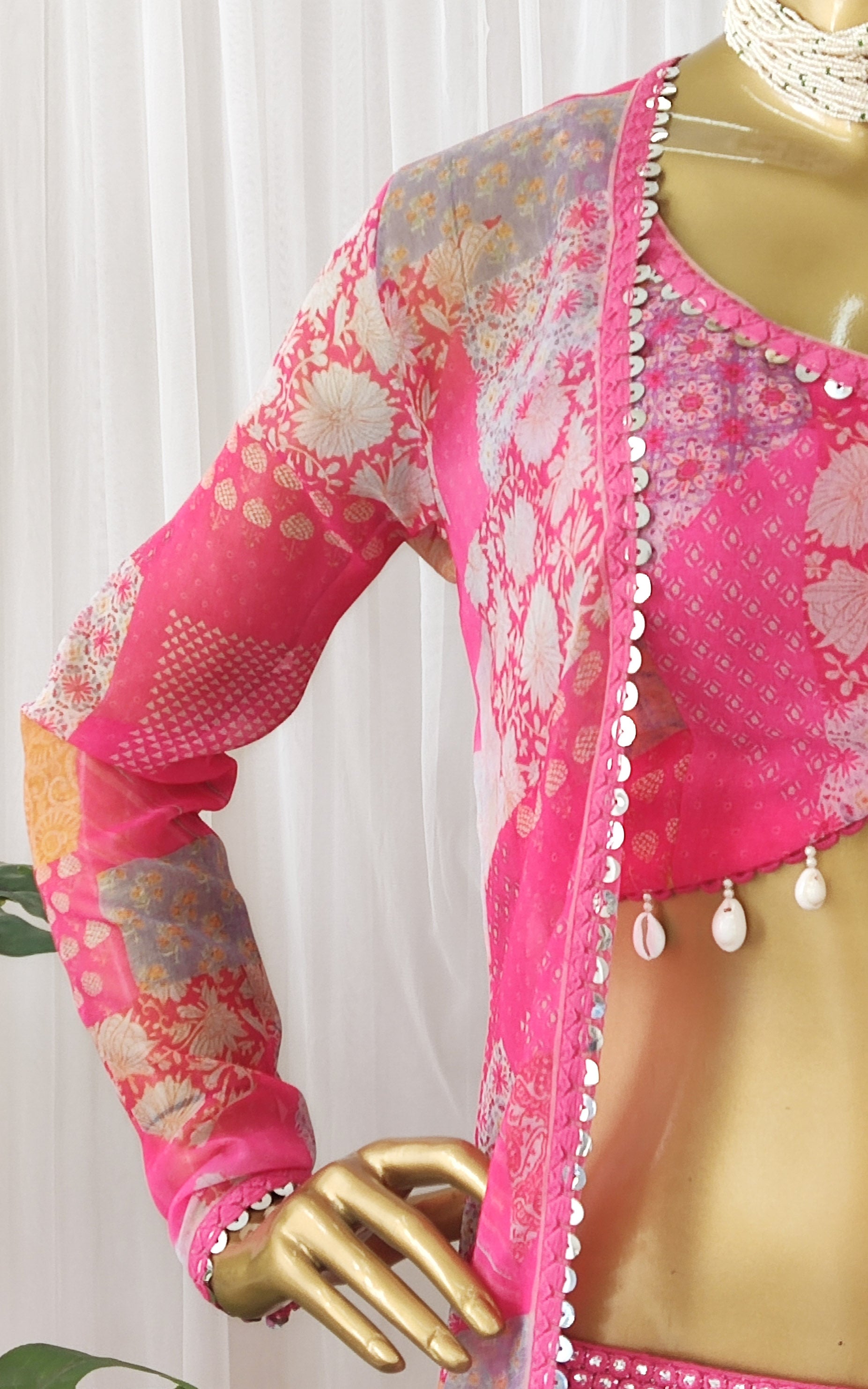 Hot Pink Mirrorwork Georgette Crop Top Sharara Co-Ord Set