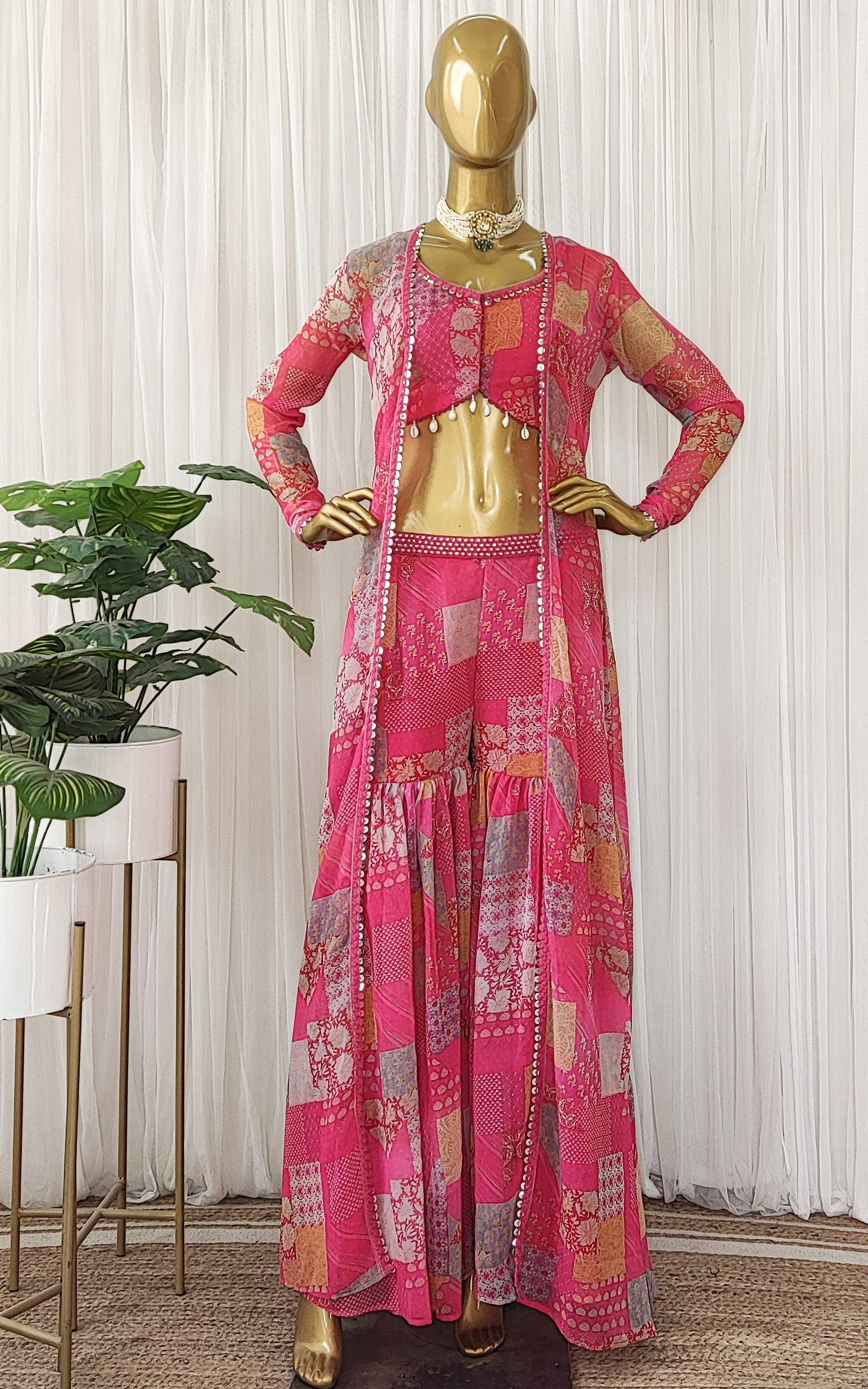 Hot Pink Mirrorwork Georgette Crop Top Sharara Co-Ord Set