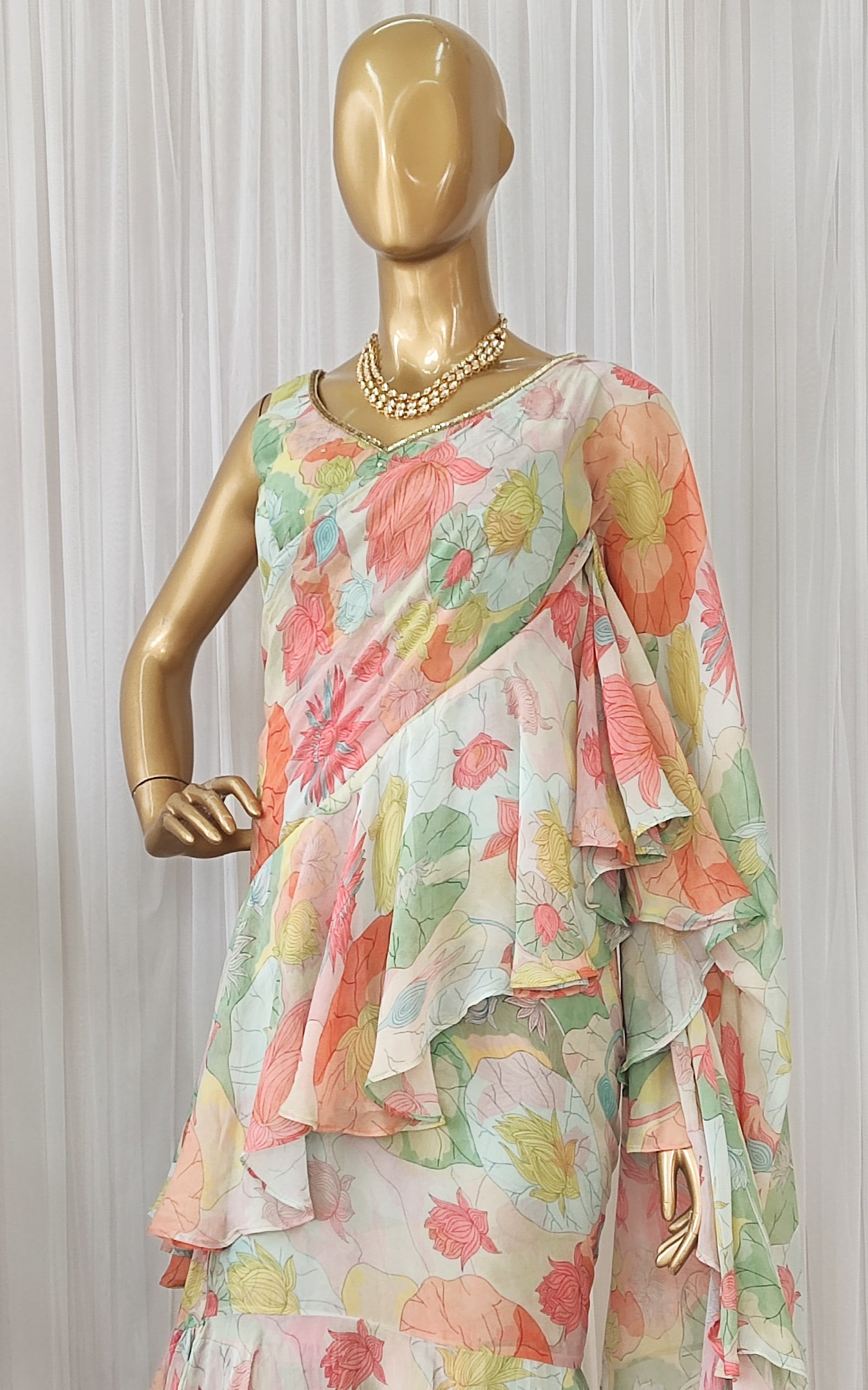 Lotus Print Multicolor Ruffle Saree Dress