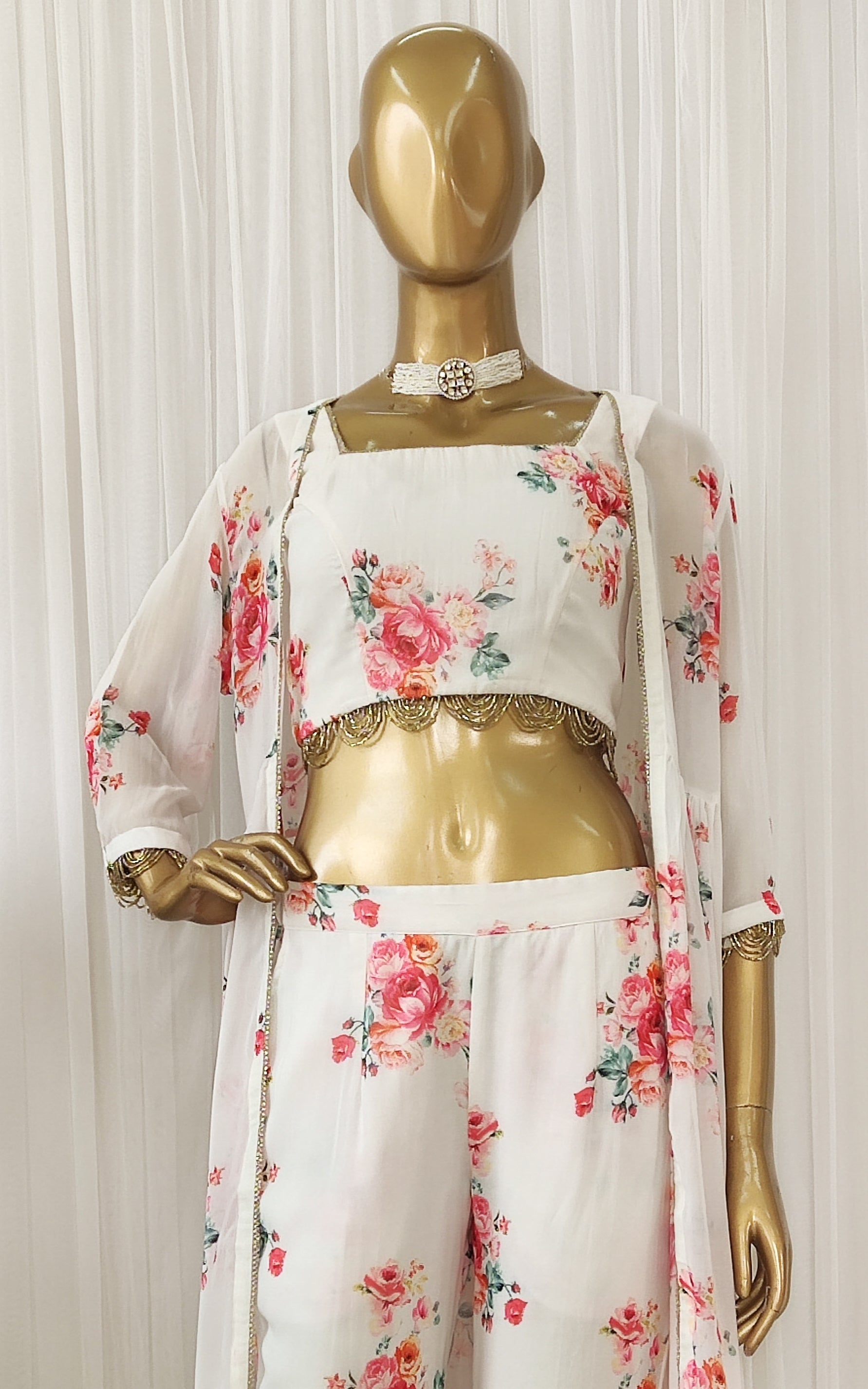 Off White Floral Crop-top & Pants Co-ord Set