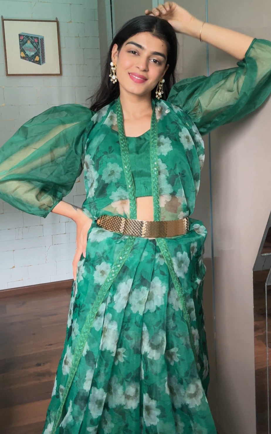 Bhavna Forest Green Floral Organza Saree