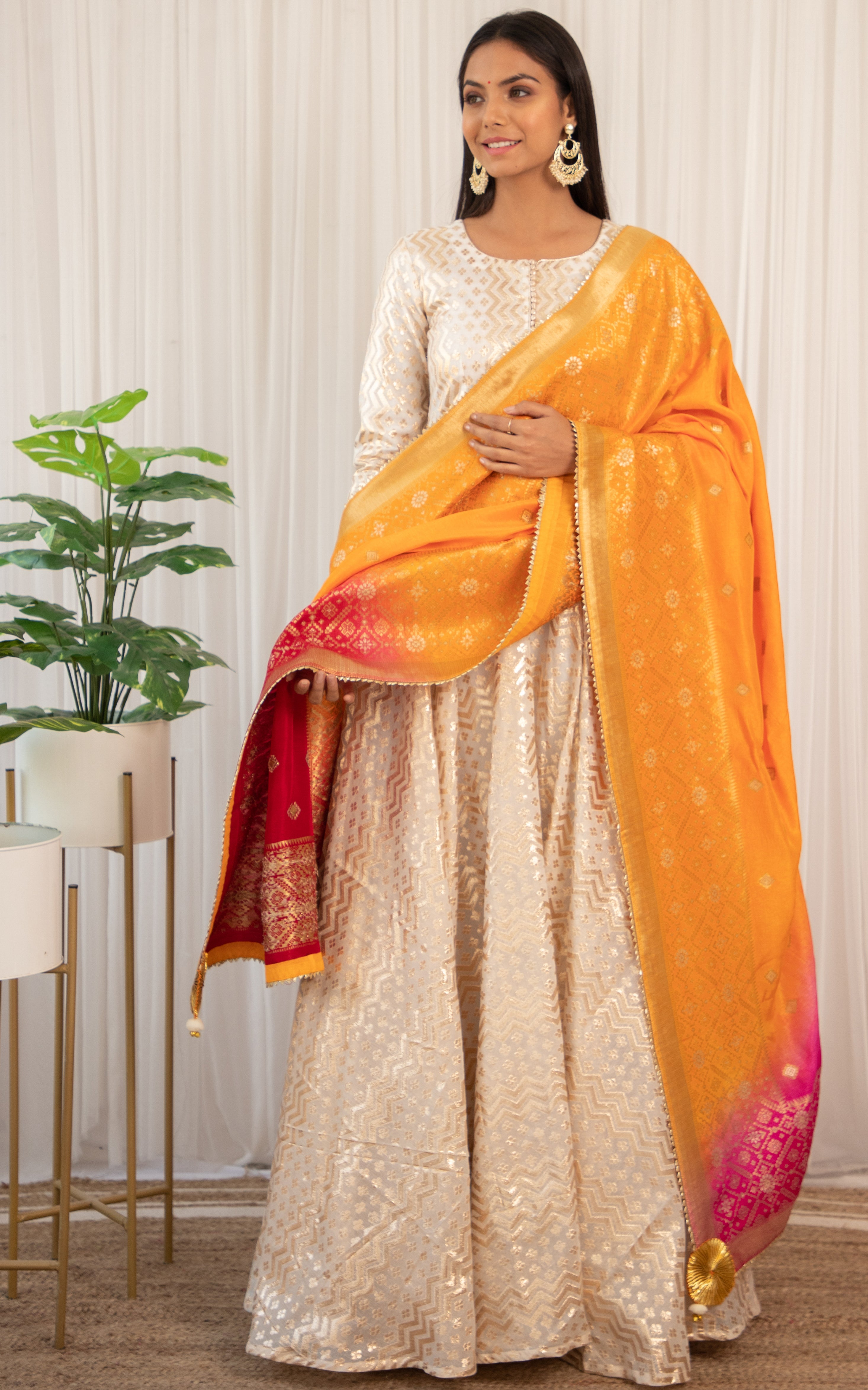 Surbhi Jyoti  Off-white Anarkali with Multicolor Banarsi Dupatta