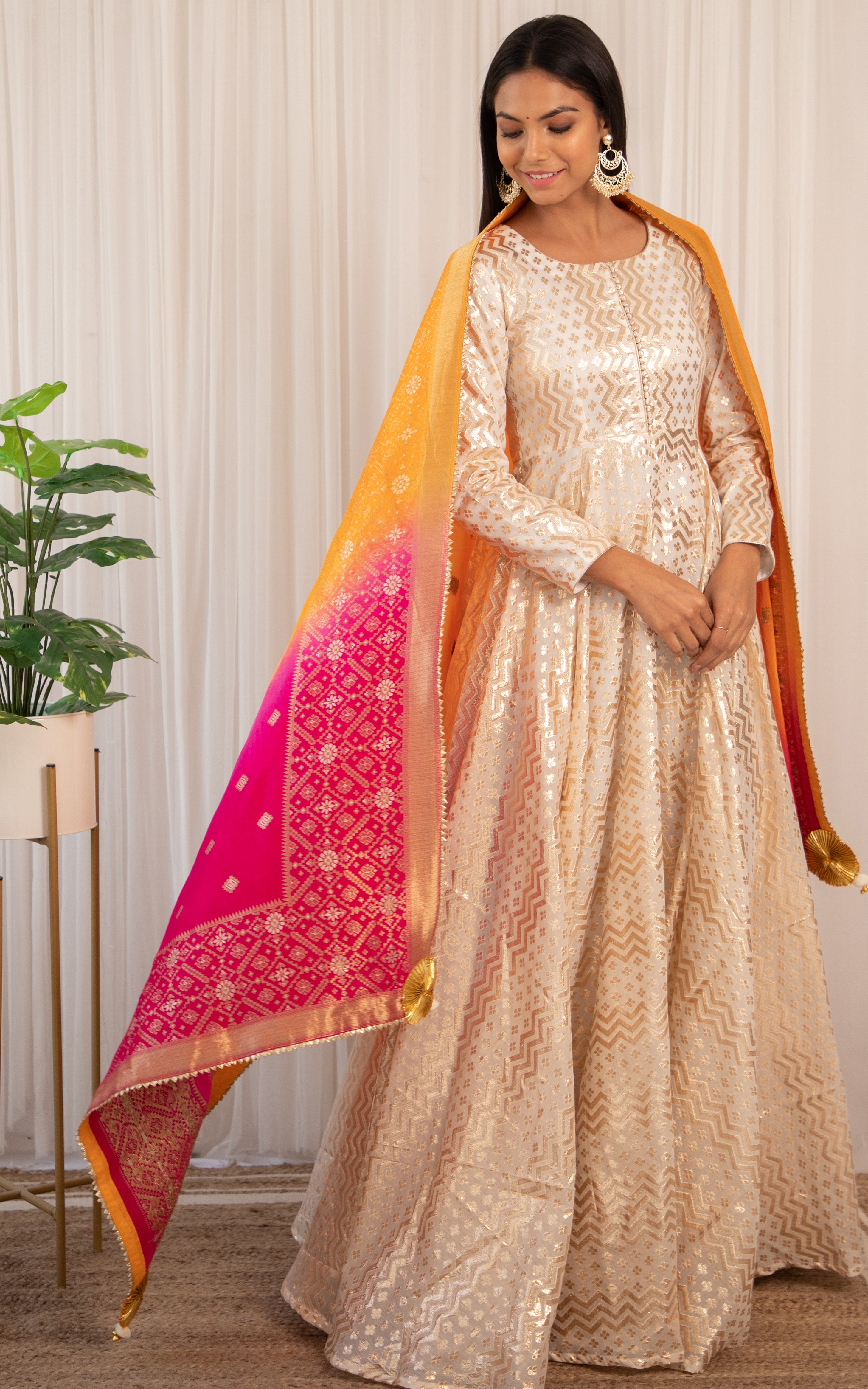Surbhi Jyoti  Off-white Anarkali with Multicolor Banarsi Dupatta