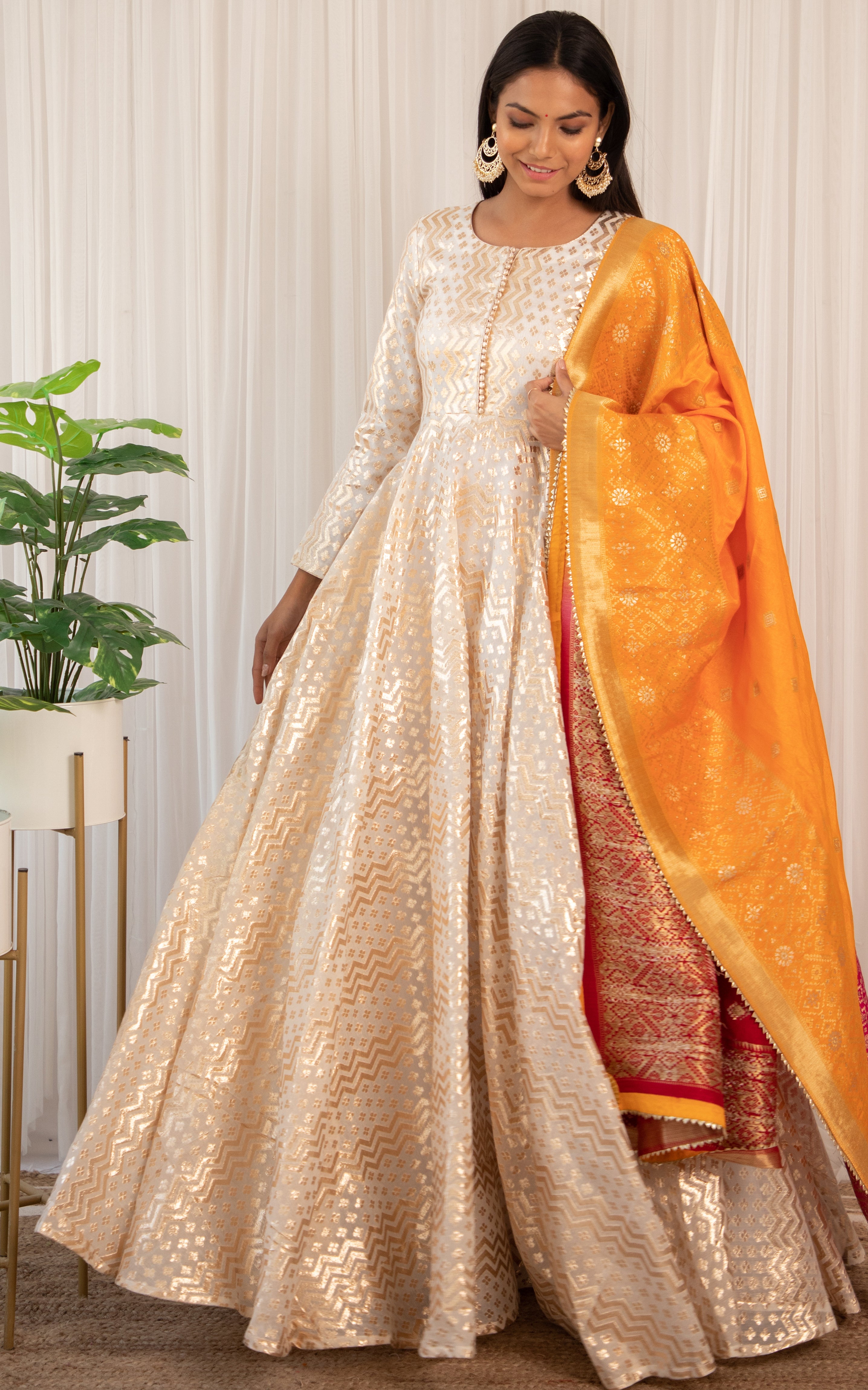 Surbhi Jyoti  Off-white Anarkali with Multicolor Banarsi Dupatta