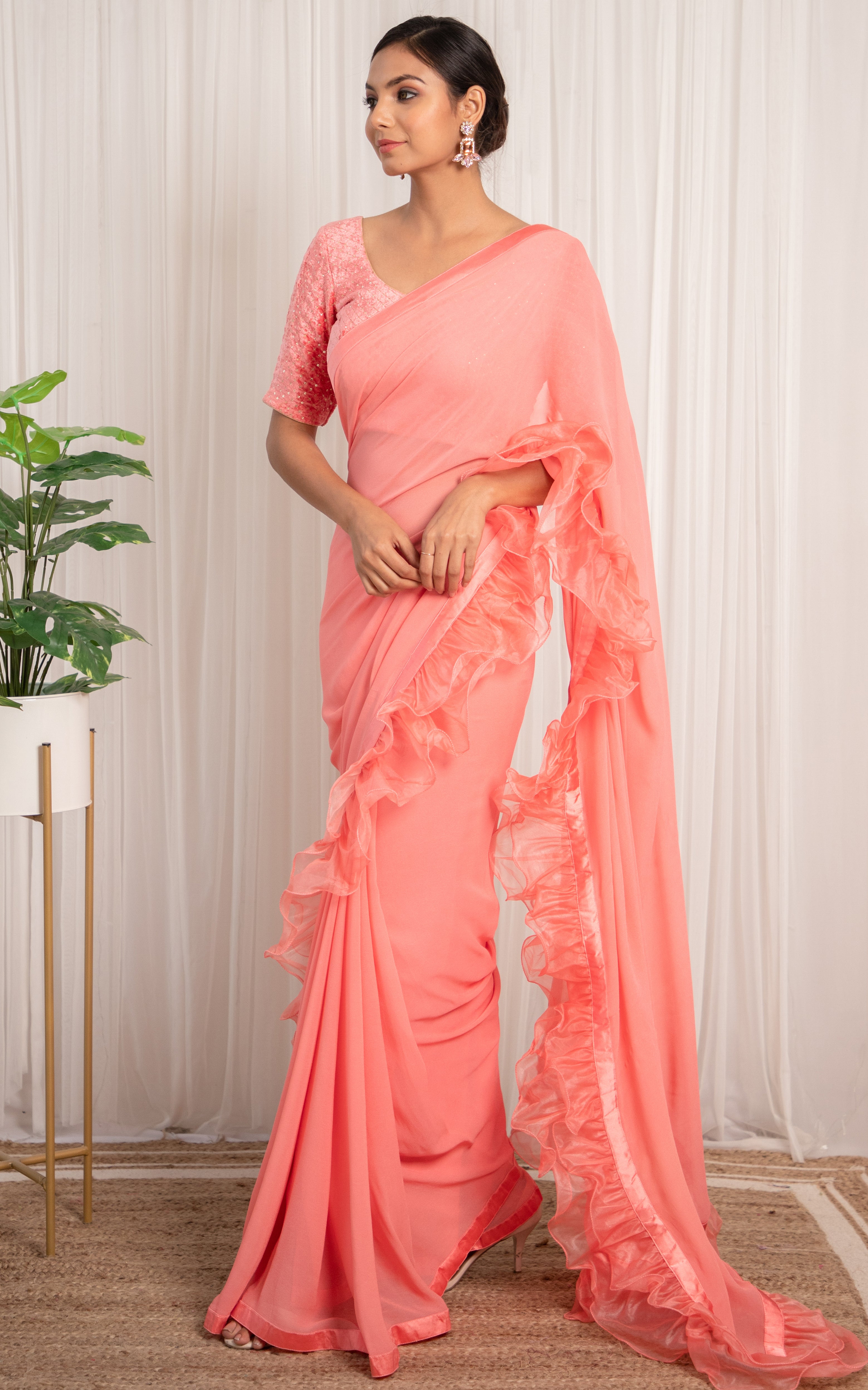 Vintage Pink Ruffle Saree with Velvet Blouse