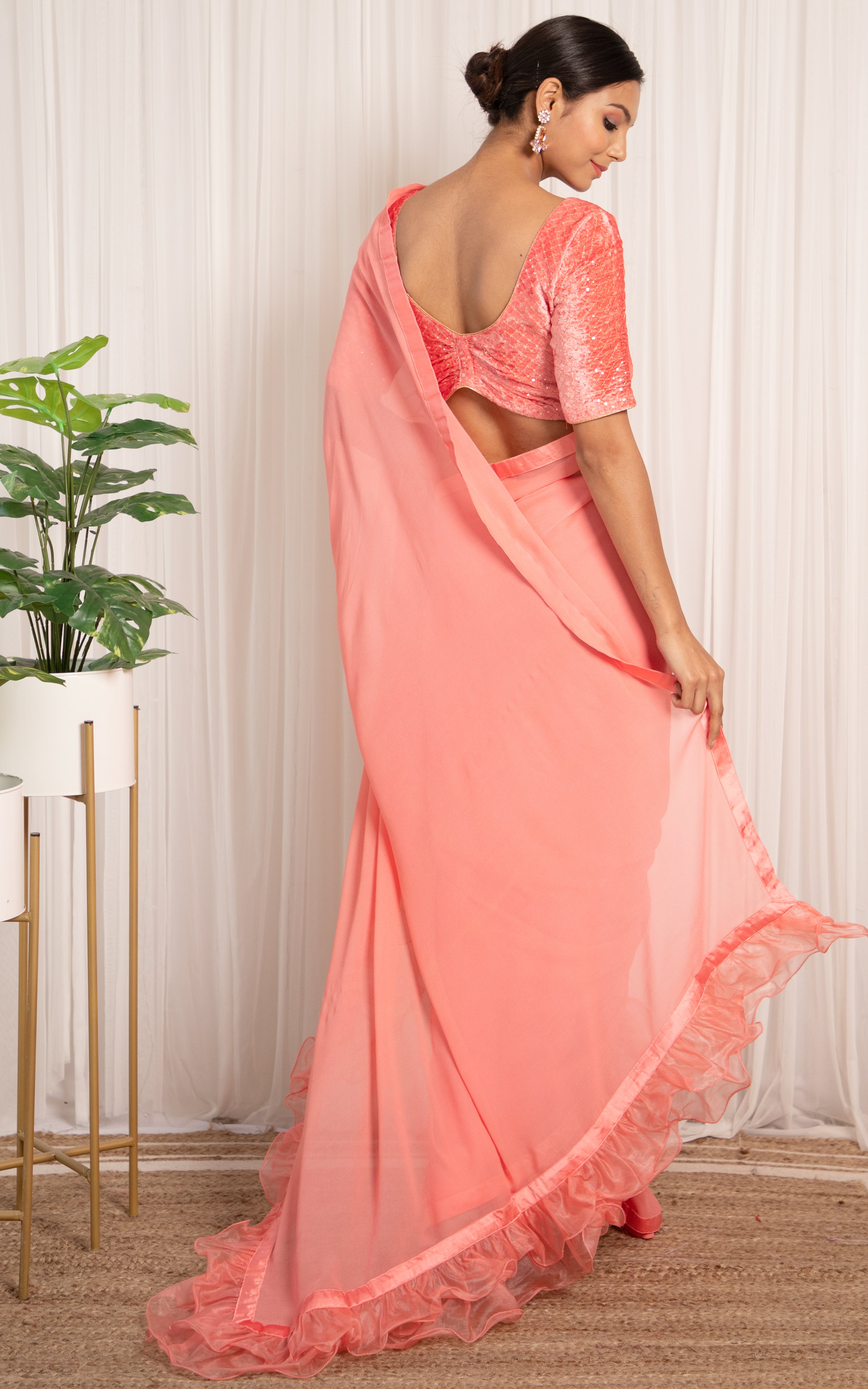 Vintage Pink Ruffle Saree with Velvet Blouse