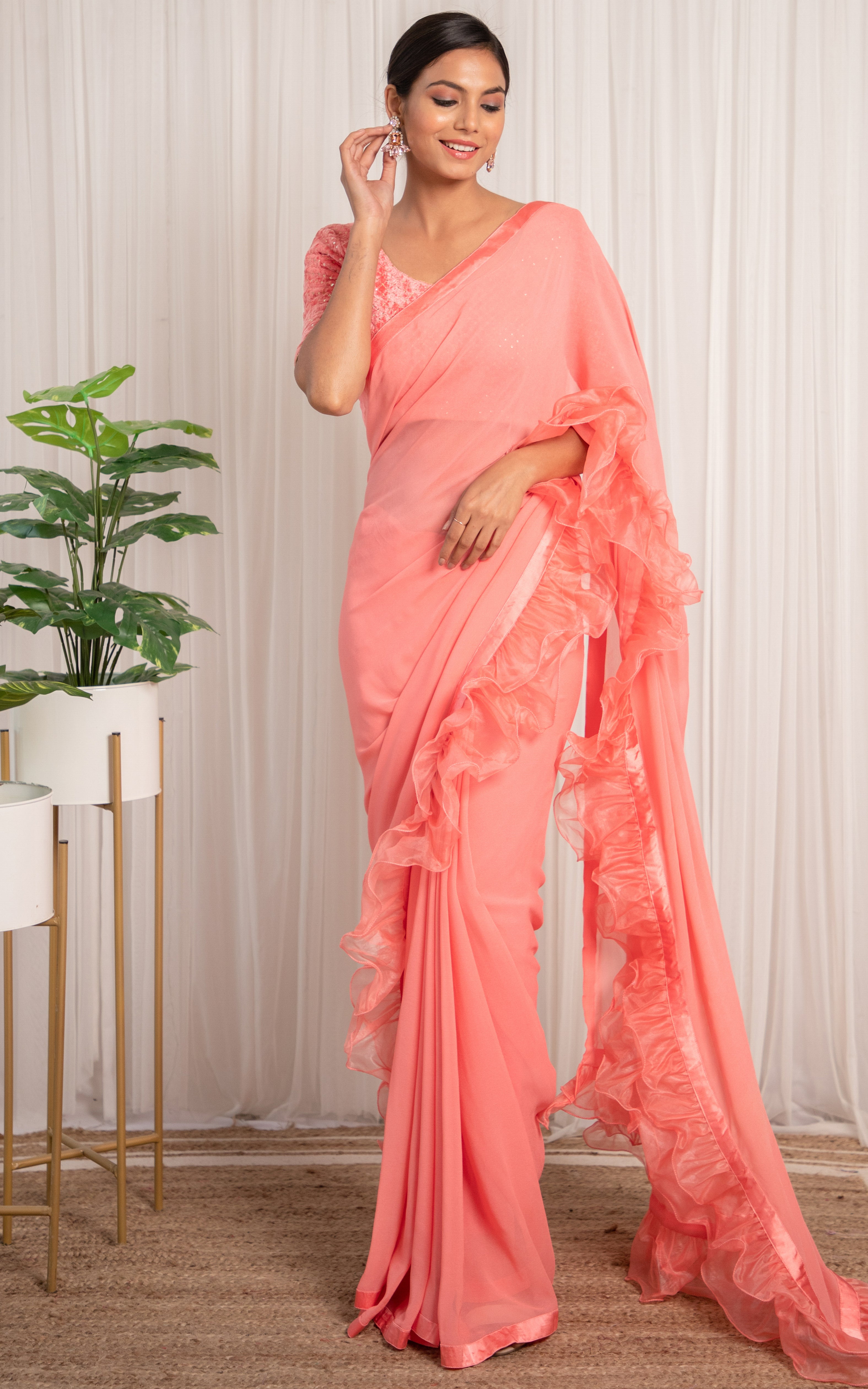 Vintage Pink Ruffle Saree with Velvet Blouse