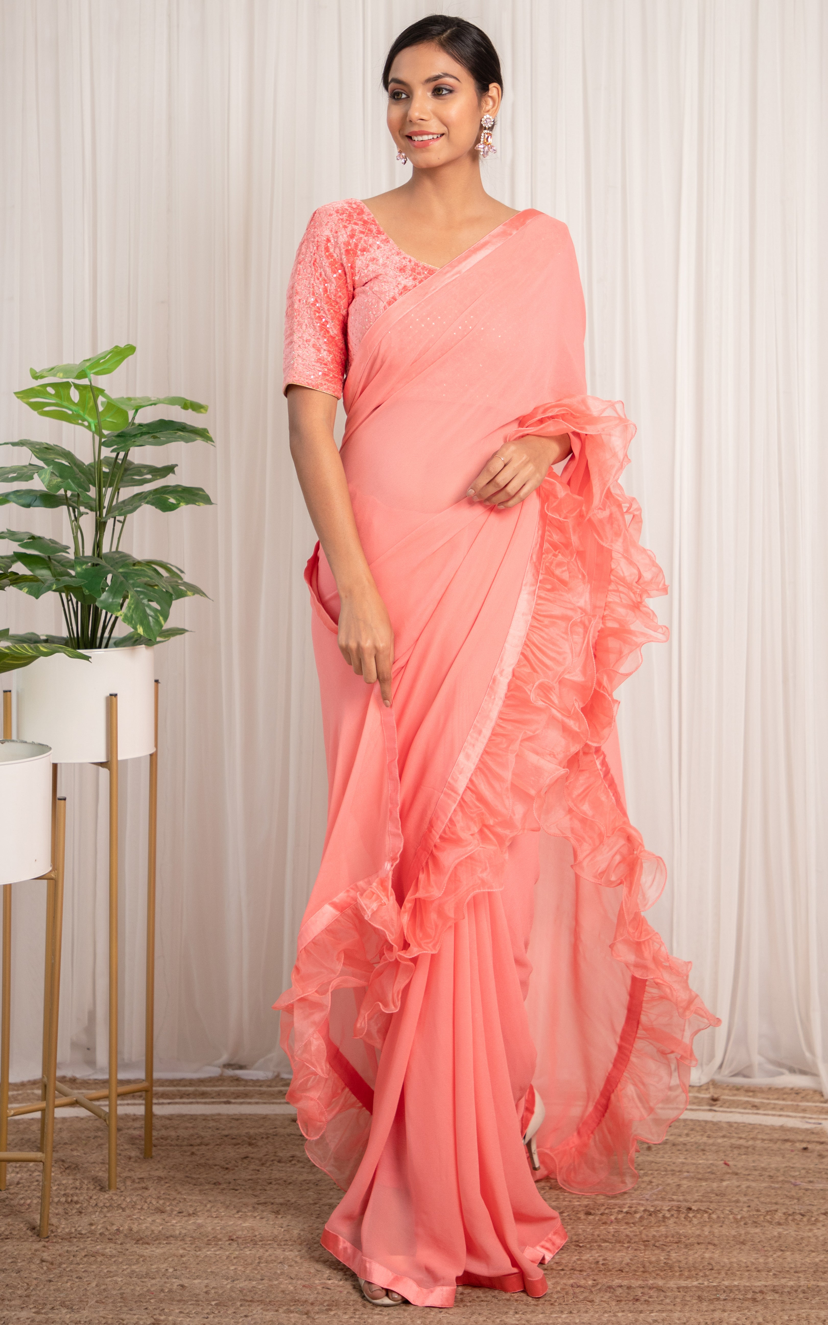 Vintage Pink Ruffle Saree with Velvet Blouse