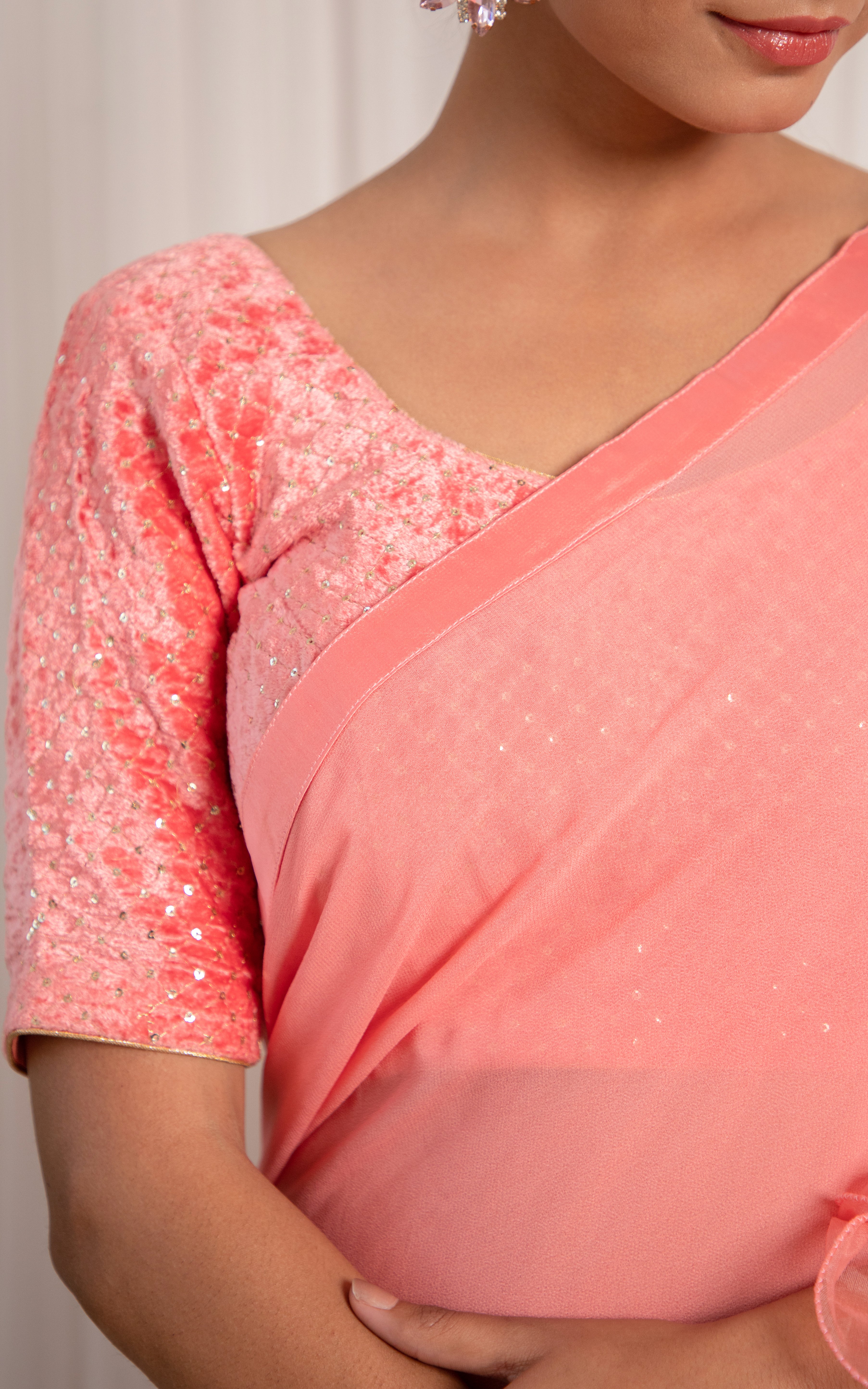 Vintage Pink Ruffle Saree with Velvet Blouse