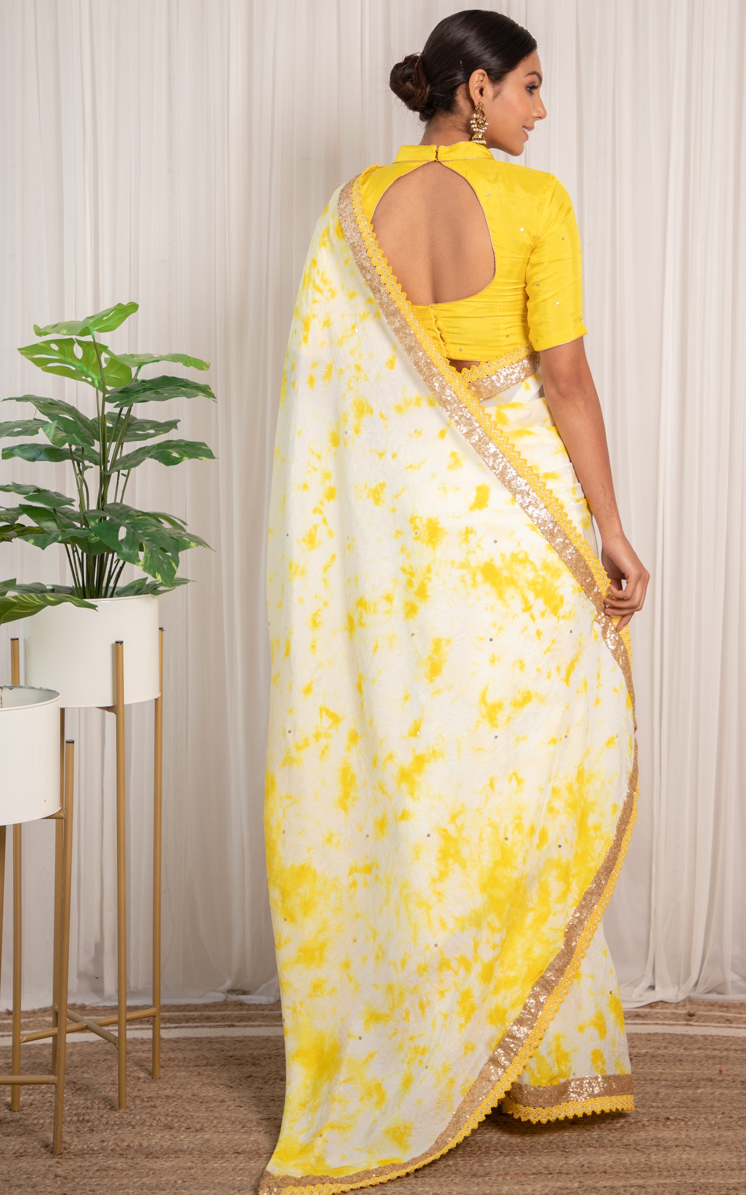 Rupali Hasija Yellow Off-White Shibori Saree