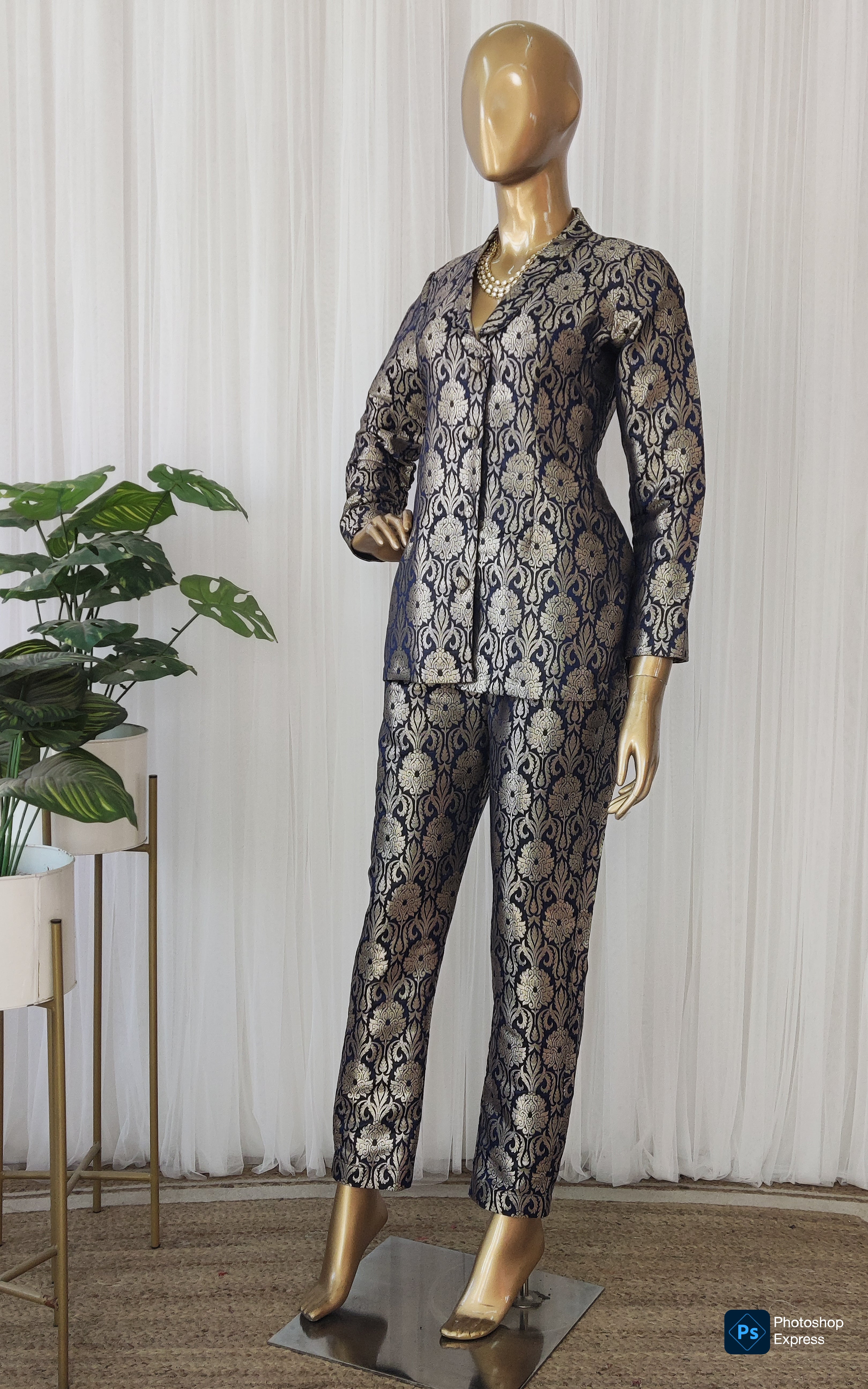 Navy Blue Brocade Pant-Suit Co-ord Set